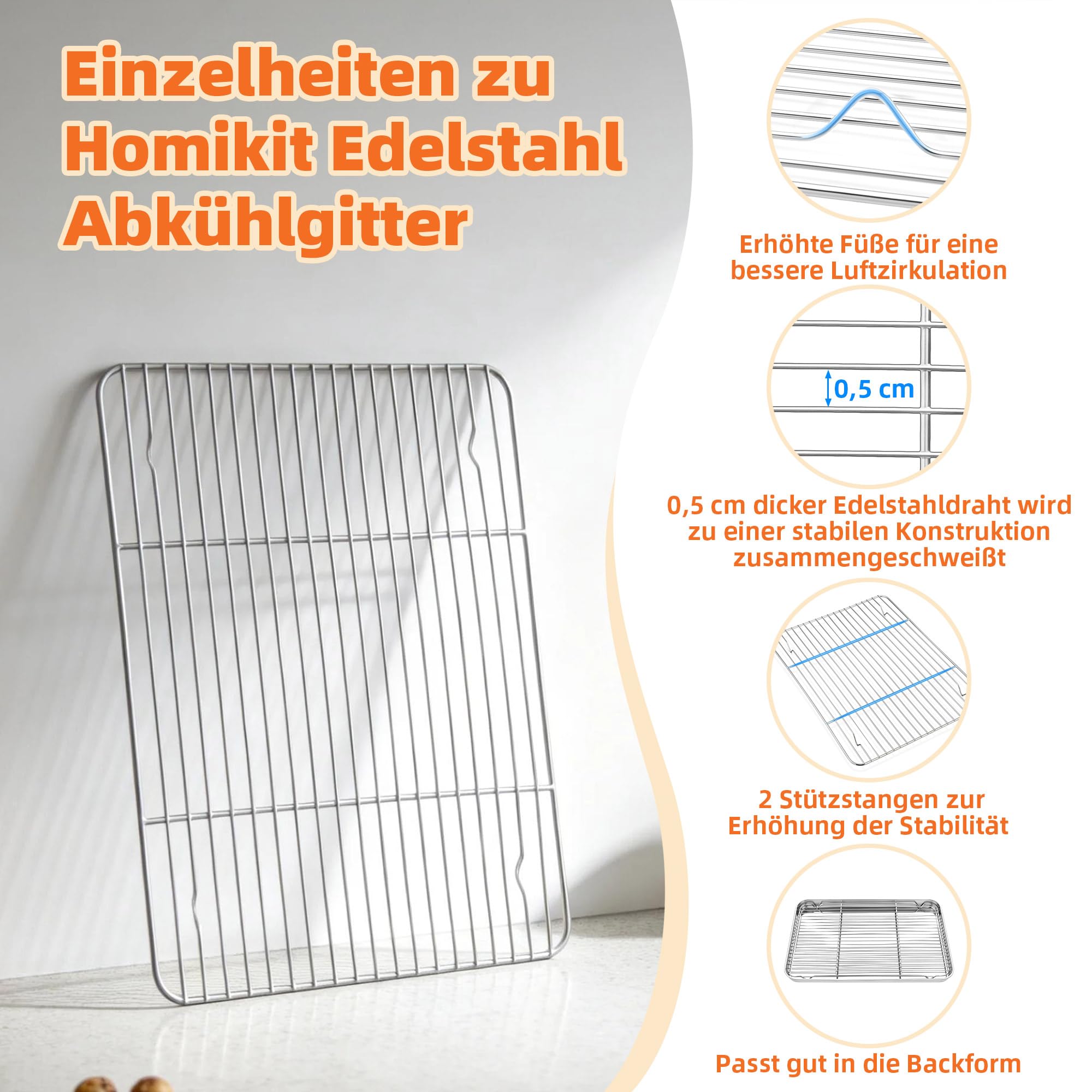 Homikit Teglia da forno in acciaio inox con griglia di raffreddamento, vassoio rettangolare con griglia di cottura, griglia per torte, 40,5 x 30,5 x 2,5 cm, lucidata lucida
