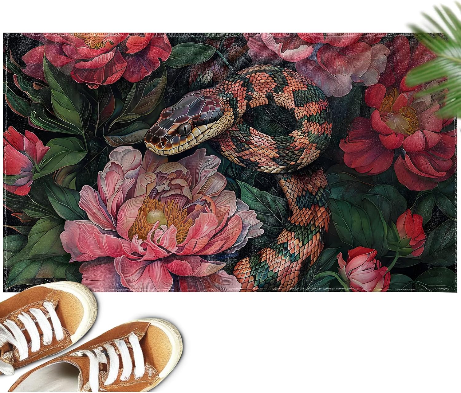 Snake and Peony Floral Indoor Doormat Non-Slip Welcome Mat 17x29.5 Inch, Quick Absorbent Entryway Rug, Non-Woven Fabrics Front Door Mat, Area Rug for Kitchen, Bedroom, Home, Office