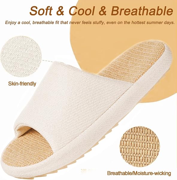 Zapatillas de Estar en Casa Mujer Pantuflas de Lino Antideslizantes Planas Espuma de Memoria Suave Cuatro Estaciones Slippers - 4