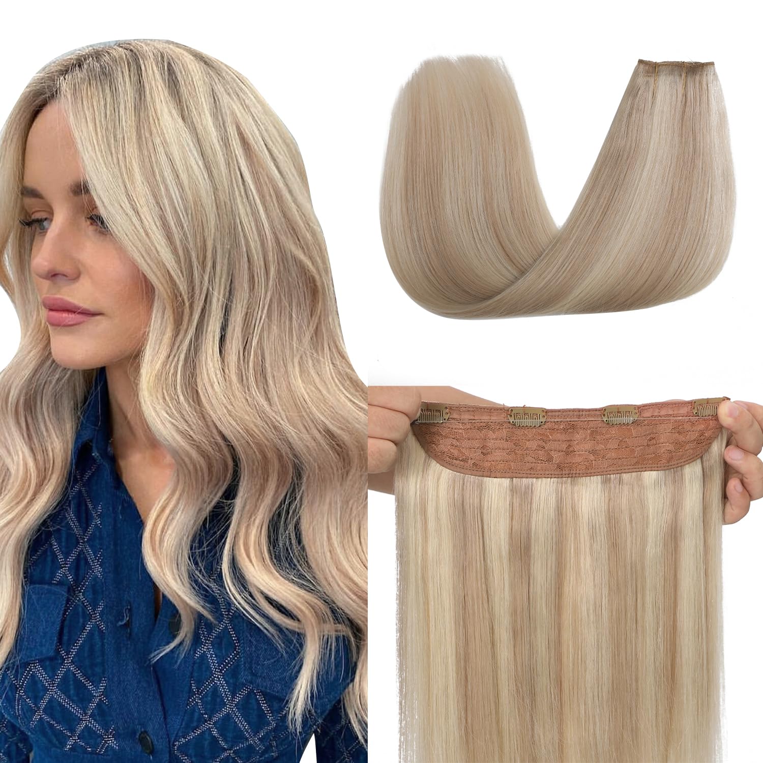 XDhair Wire Hair Extensions Human Hair 85g 20inch Ash Blonde Highlights Bleach Blonde Wire Hair Extensions with Invisible Fish Line for Women(#18/613-