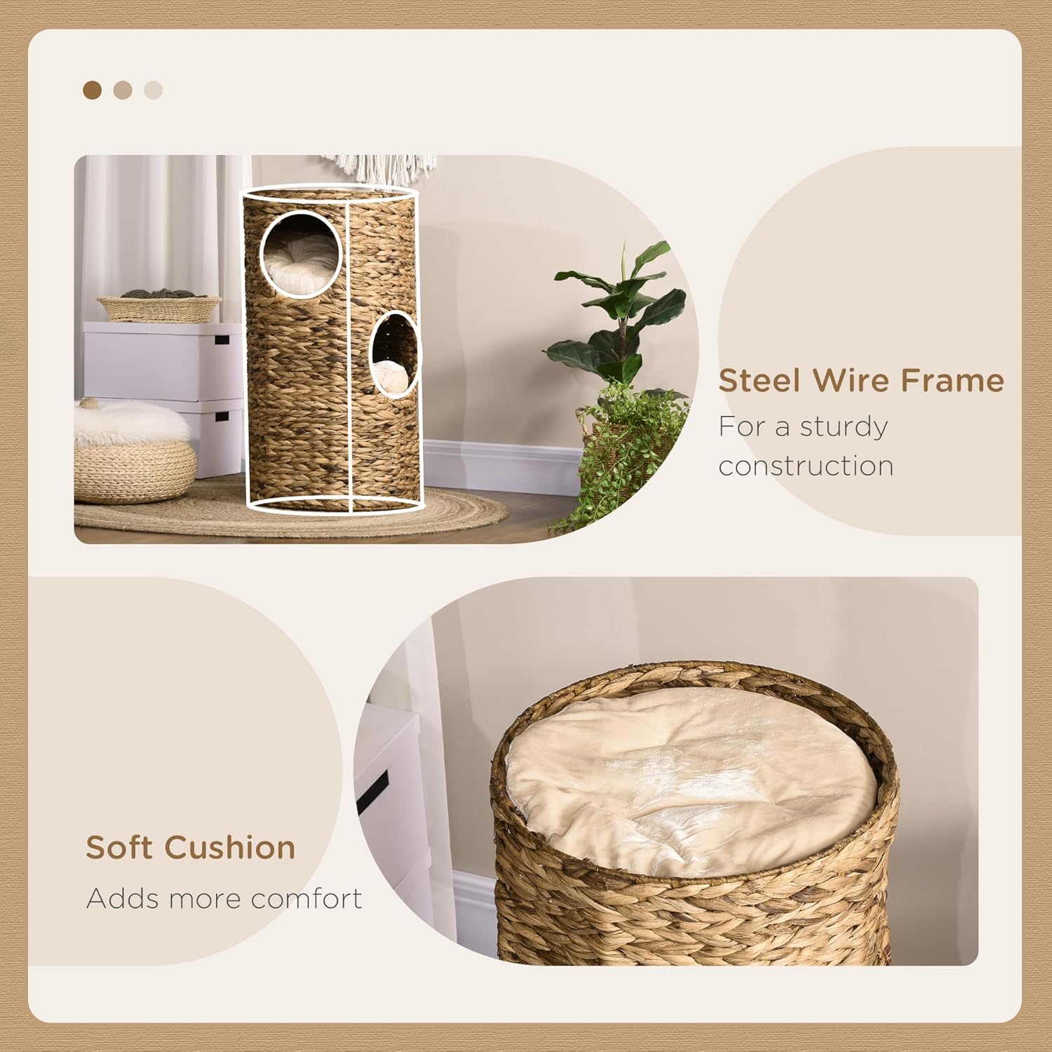 Hand-Woven Barrel Shaped Elevated Cat Bed with 3 Hideaways & 4 Soft Plush Cushions,Space-Saving Multi-Level Design