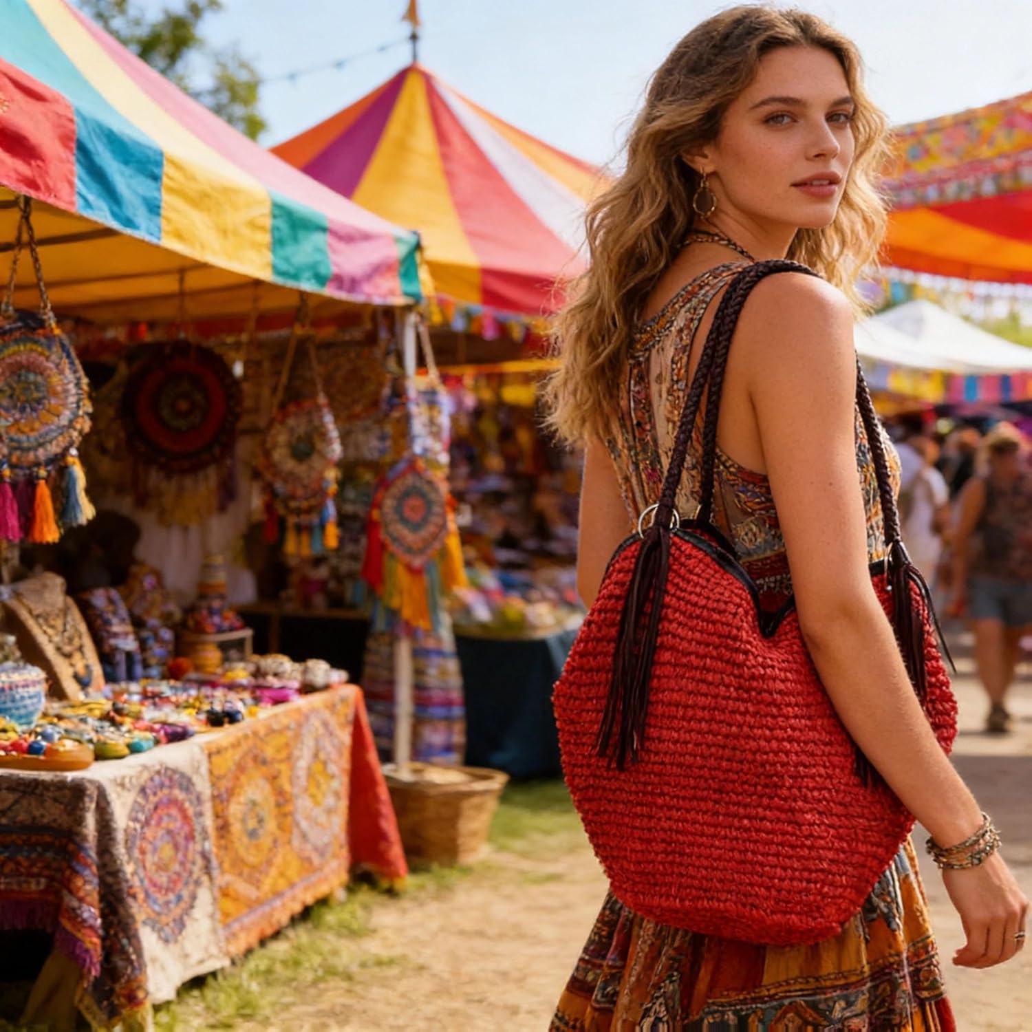 Soft Large Straw Shoulder Bag with Brown Charm Leather Tassels, Boho Leather Handle Tote Retro Summer Beach Bag Rattan Handbag (Red) - Image 9