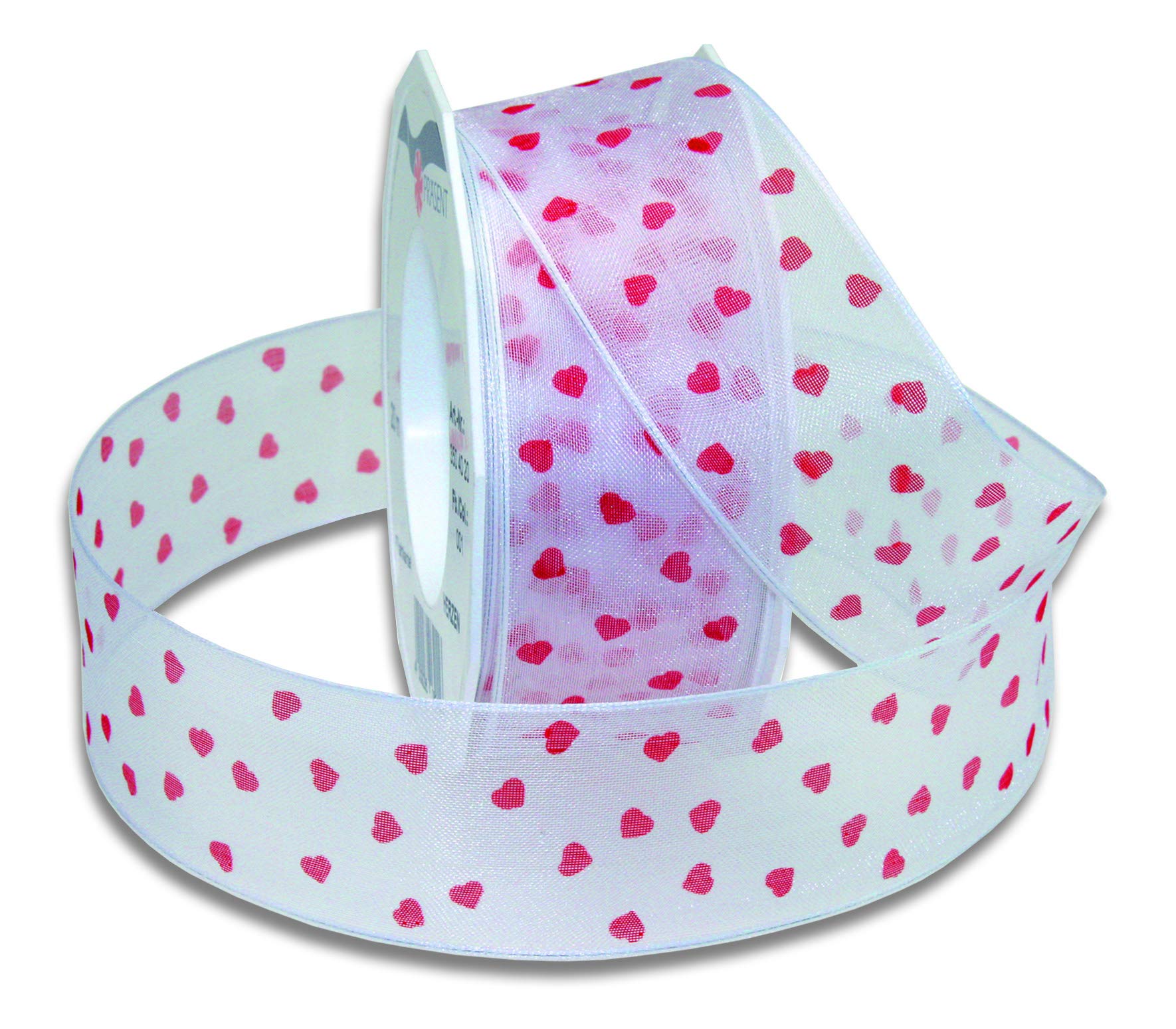 Präsent - Herzen Organza Ribbon White-red 40 mm Width, 20 m Length, Blue-white, 40mm - 20m