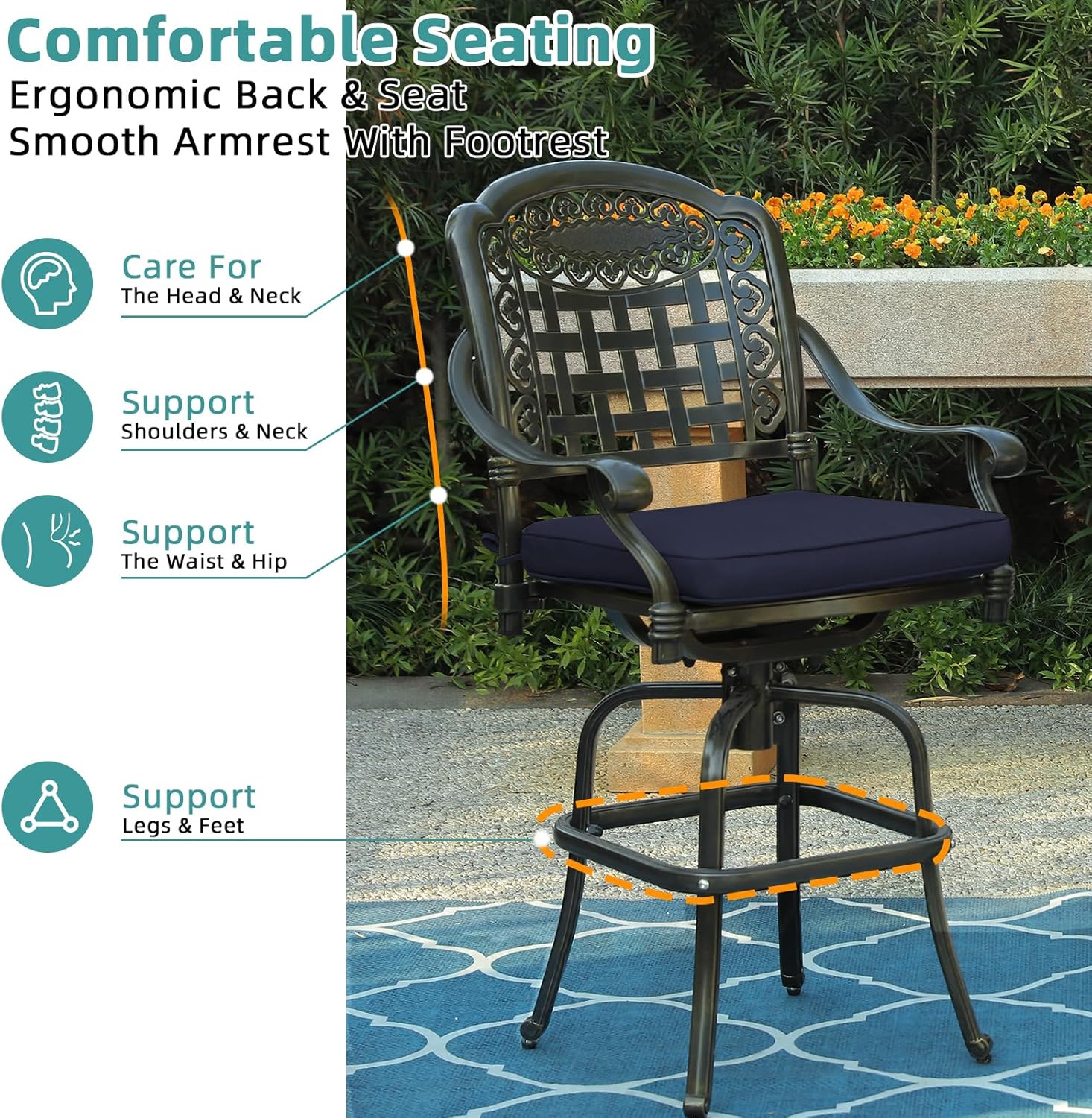 MEETWARM Outdoor Swivel Bar Stools Set of 2, All-Weather Cast Aluminum Bar Height Bistro Chairs with Footrest, High Back and Armrest, High Top Patio Bar Chairs with Cushion for Poolside Deck Backyard
