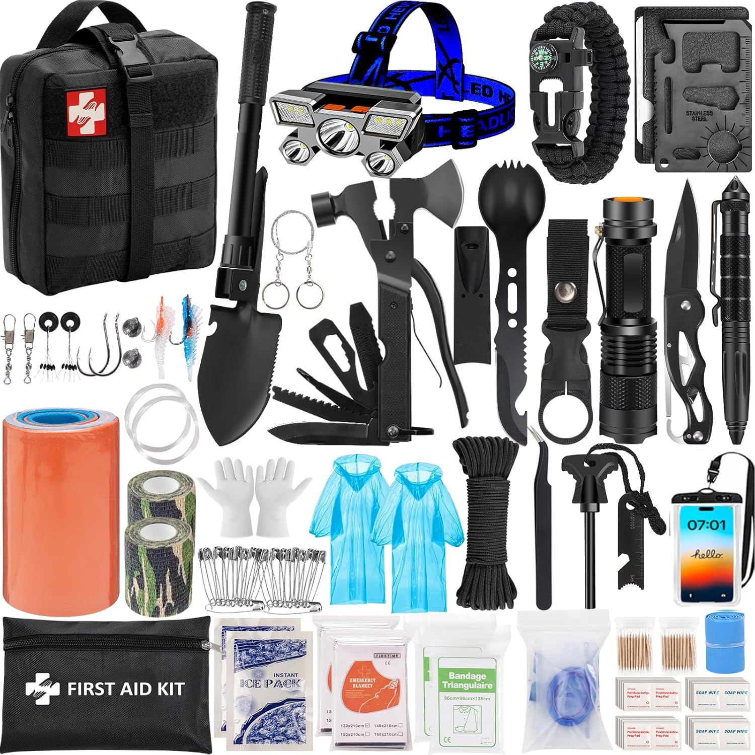 Emergency Survival Equipment, Tenting First Assist Survival Equipment with Molle Pouch for Earthquake Preparedness Out of doors Journey, Black