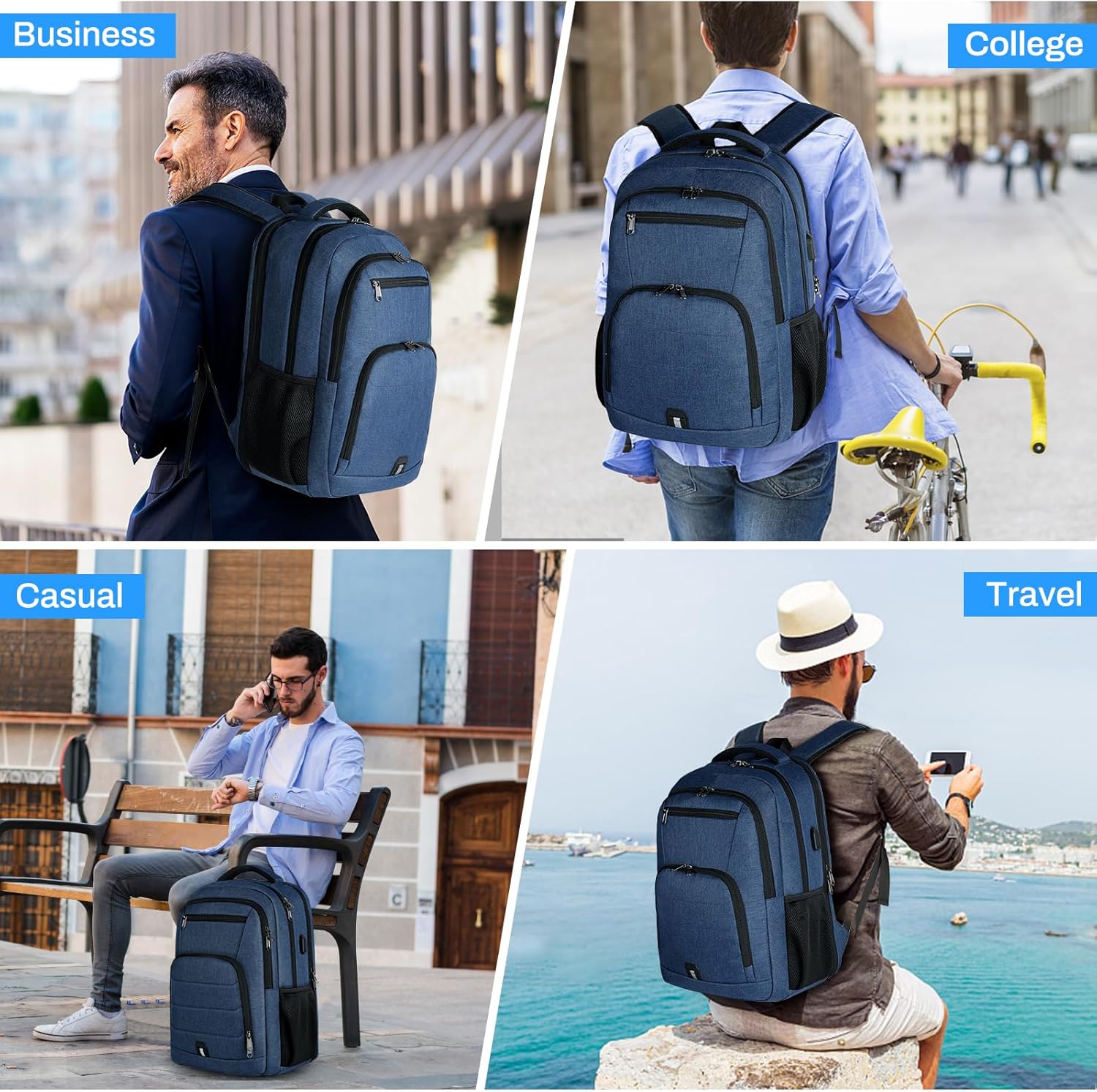 RAINSMORE Laptop Backpack 17 Inch Large Travel Backpack for Men Women Waterproof Computer Work Business College Bookbag TSA Friendly Carry on Backpack with USB Port, Blue