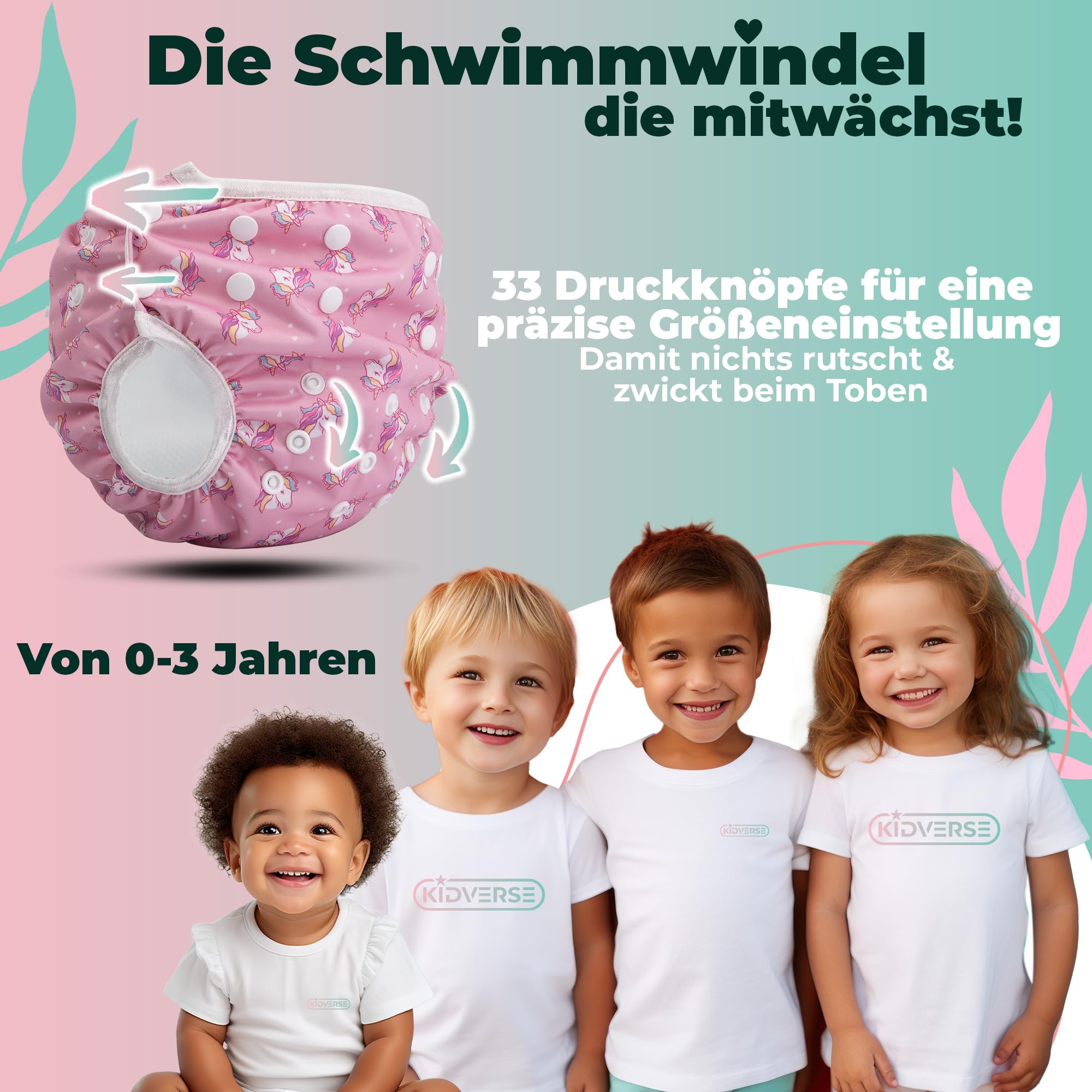 KIDVERSE 2er Set Schwimmwindel Baby 0-3 Jahre - Hautfreundliche Schwimmwindeln wiederverwendbar & saugstark - Baby Schwimmwindel mit Tasche & Wäschenetz (Kirschen & Raosa Blumen 2er)
