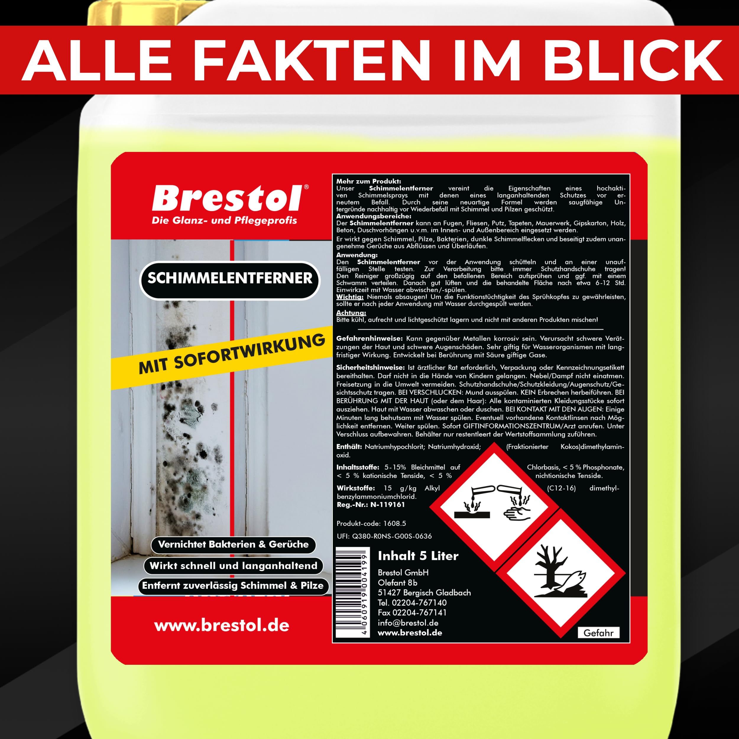 BRESTOL® Schimmelentferner 5 Liter, Anti Schimmel mit Sofortwirkung, Schimmel entferner Wand, für Silikonfugen & Fliesen, Langzeitschutz gegen Schimmel & Stockflecken
