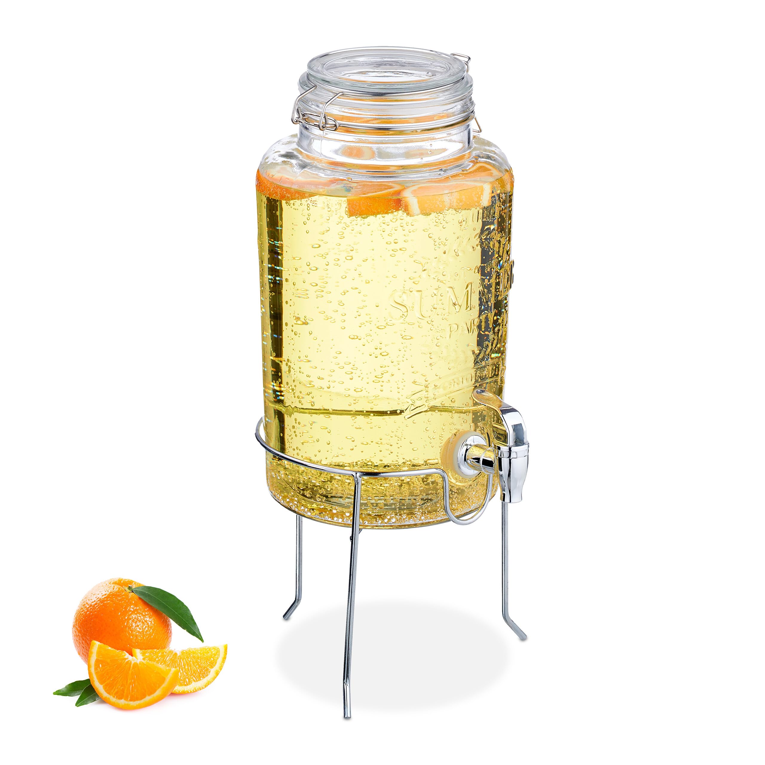 Relaxdays Drinks Dispenser with Stand, 5 Litres, with Tap, Water Pitcher, Beverage Container, Clip Top, Transparent