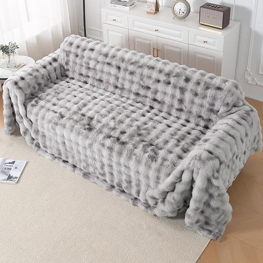 HOKIPO Luxury Faux Rabbit Wool Fluffy Sofa Cover, Sofa Throw for 3 Seater Sofa, 'Gradient Rabbit Plush Series' 180(D) x 31...