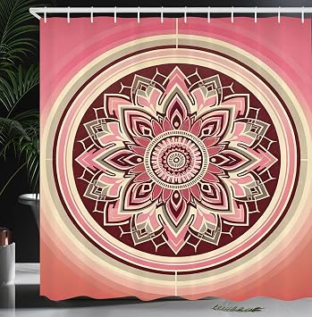 Ambesonne Pink Shower Curtain, Bohemian Mandala Composition Retrospective Circles and Lines Mid Century Modern, Cloth Fabric Bathroom Decor Set with Hooks, 69" W x 70" L, Dried Rose Peach