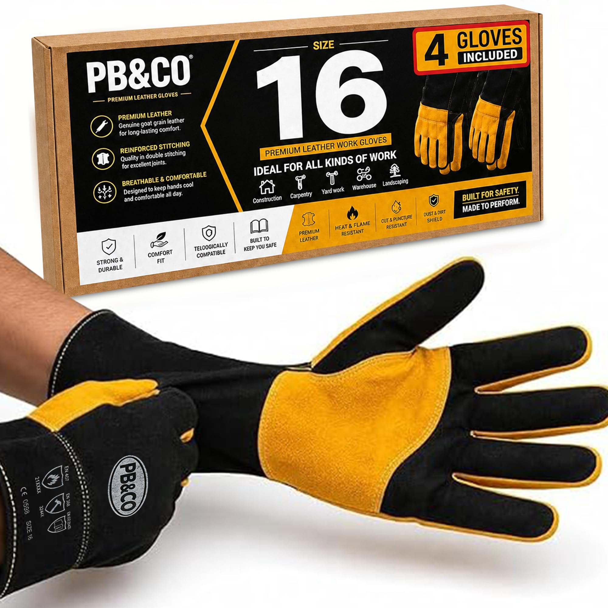 2 pares de guantes de soldadura de cuero dividido de doble palmera resistente al calor y al fuego, guantes de soldadura de seguridad industrial para soldador, guantes de seguridad para el trabajo