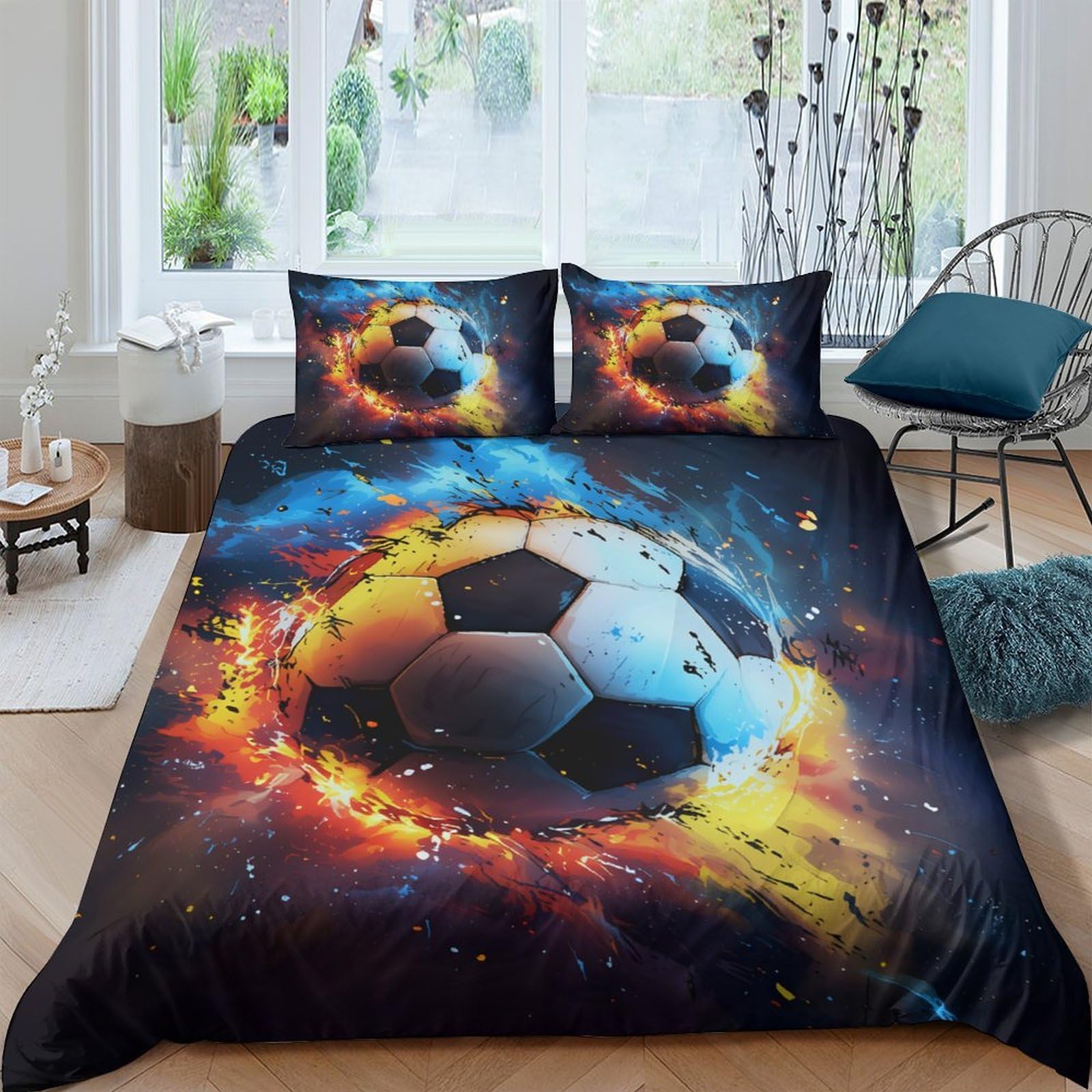 GPLZQXKJNH 3D Printed Fire Soccer Duvet Cover Microfiber Soft Breathable Space Explosion Bedding Set with 2 Pillowcases for Bedroom Decor Single（135x200cm）