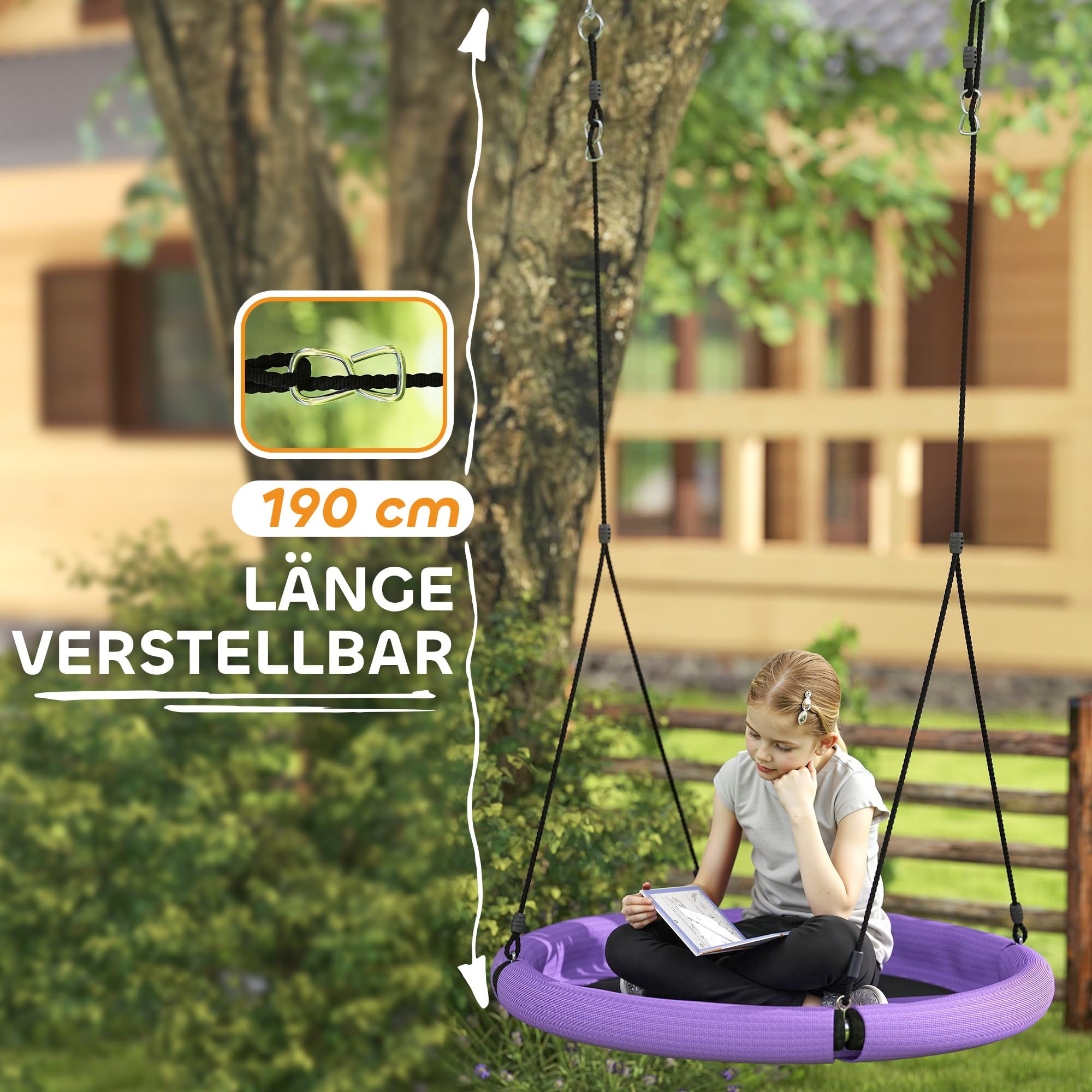 AIYAPLAY Nestschaukel Ø98 cm Höhenverstellbare bis 150 kg Lila+Schwarz | Gartenschaukel, Langlebig & Wetterfest Tellerschaukel, Hängeschaukel, Kinderschaukel, Outdoor Indoor, für Kinder Erwachsene