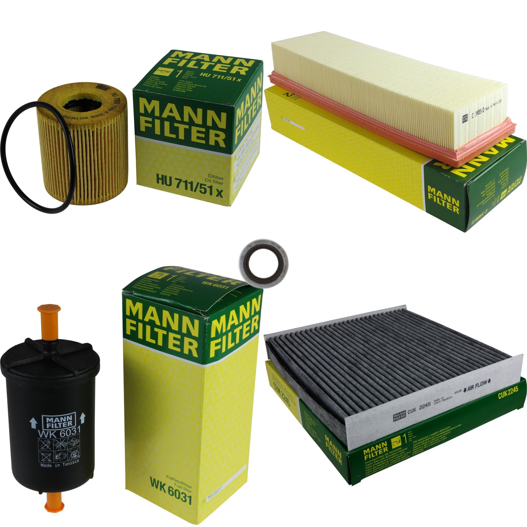 Paquete de inspección Kit de mantenimiento de filtros con filtro de aceite HU 711/51 x, filtro de aire C 3485/2, filtro de combustible WK 6031, filtro de habitáculo CUK 2245, anillo de