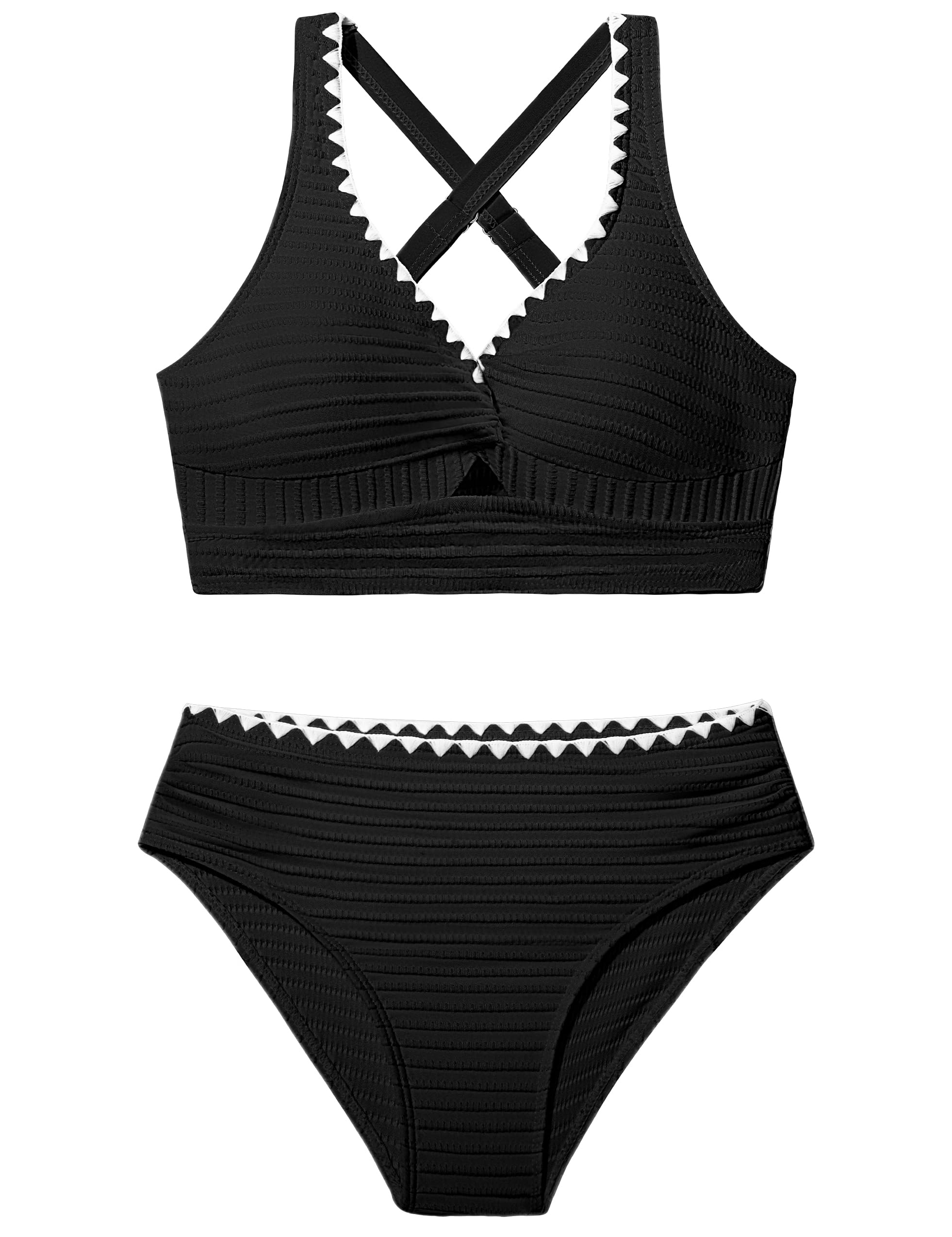 Oranchids Girls Swimsuit Bathing Suits for Teens Twist V Neck Solid Color Bikini Set Teen Swimsuits for Girls 12-14 Two Piece Swimswear Size 13-14 Black