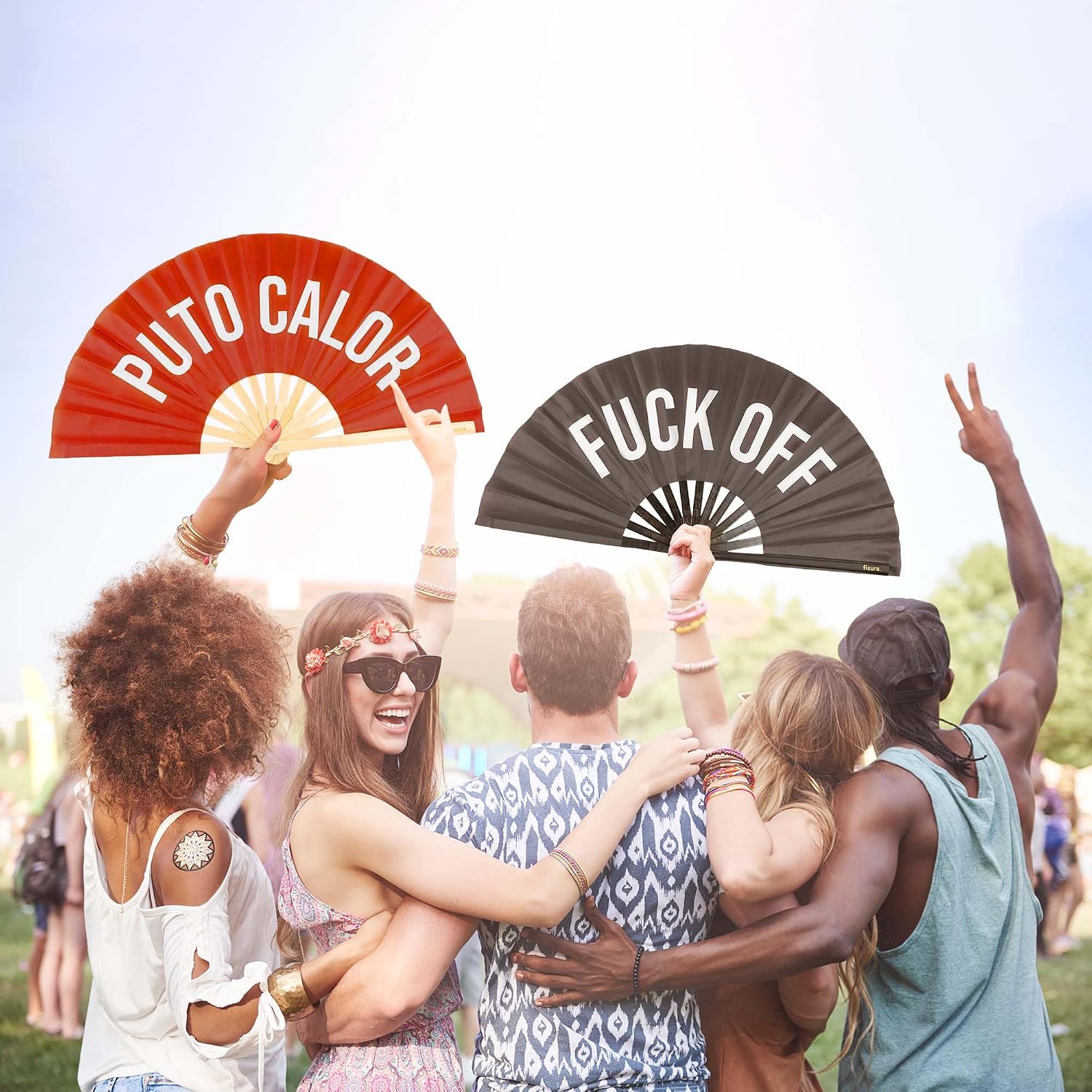 Fisura – XXL Folding Handheld Fan “F*ck Off” – Large Wooden Folding Fan, Oversized Black Festival Fan with Bold Message, Party Fan, 25.2 x 13 in