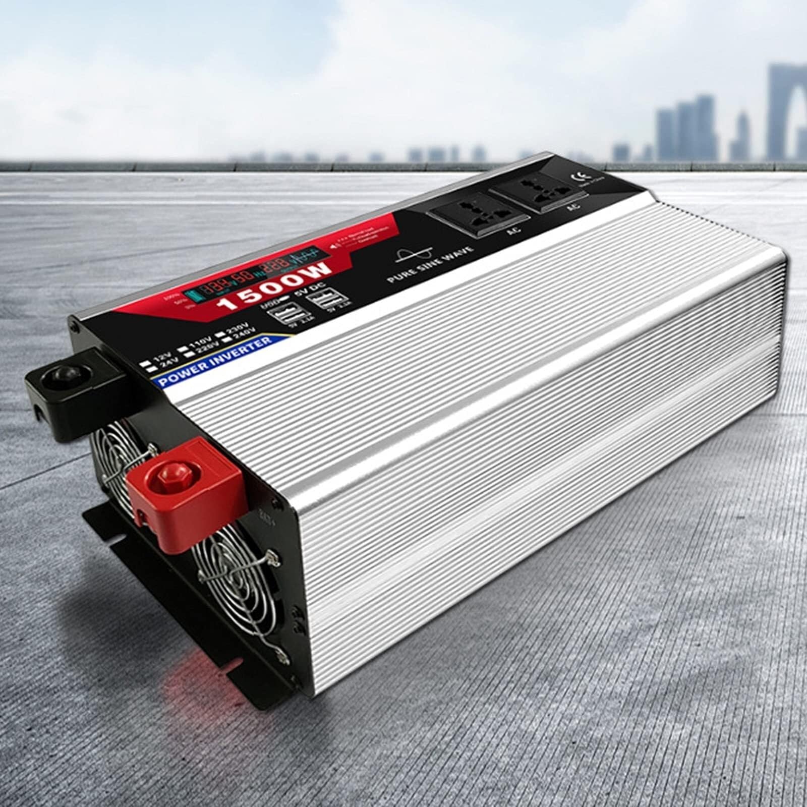 PWANUIGTE Power Inverter 1000W 1500W 2000W 3000W 12V/24VDC to 110V/220V AC Pure sine Wave Converter with 2 Outlets 6 USB(12Vto110V,1500W)