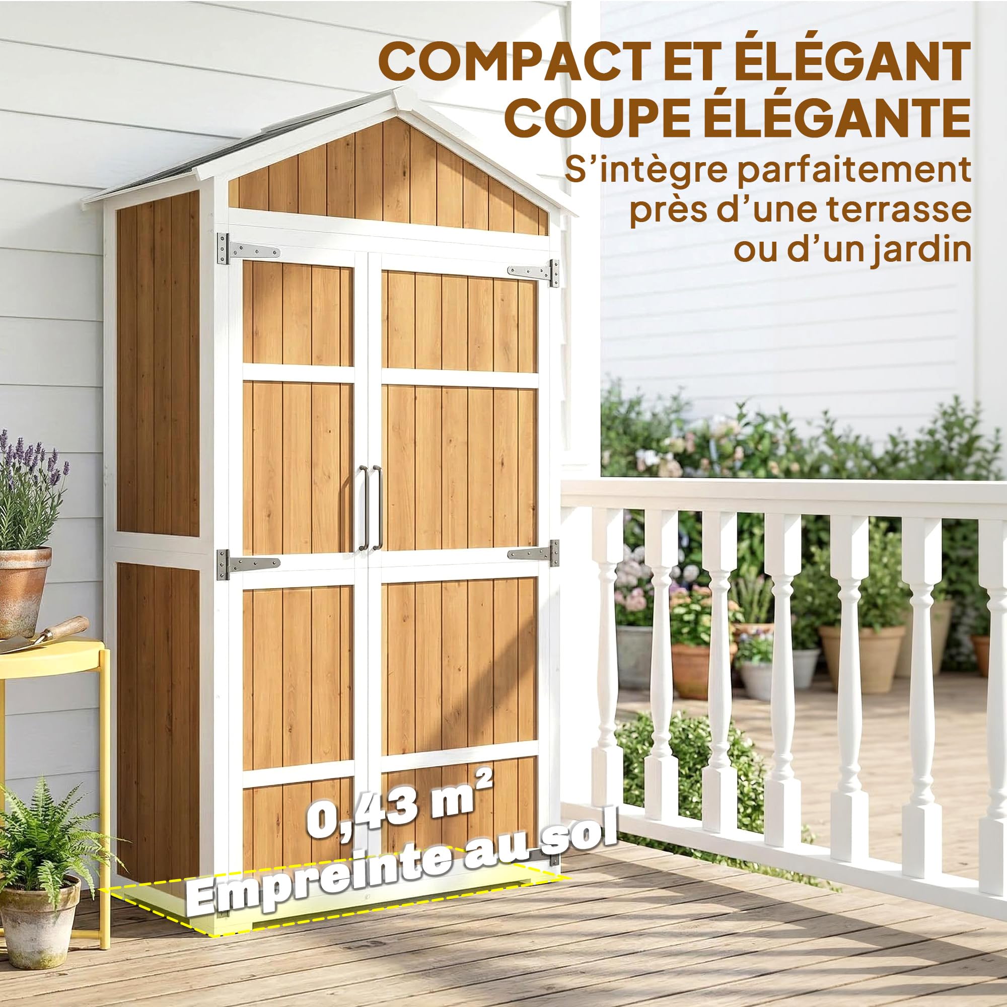 Outsunny Armoire de Jardin en Bois - Abri de Jardin Extérieur Étanche avec Toit en Métal - Meuble de Rangement Terrasse à Double Porte pour Outils de Jardinage 105x55x179cm, Blanc et Naturel