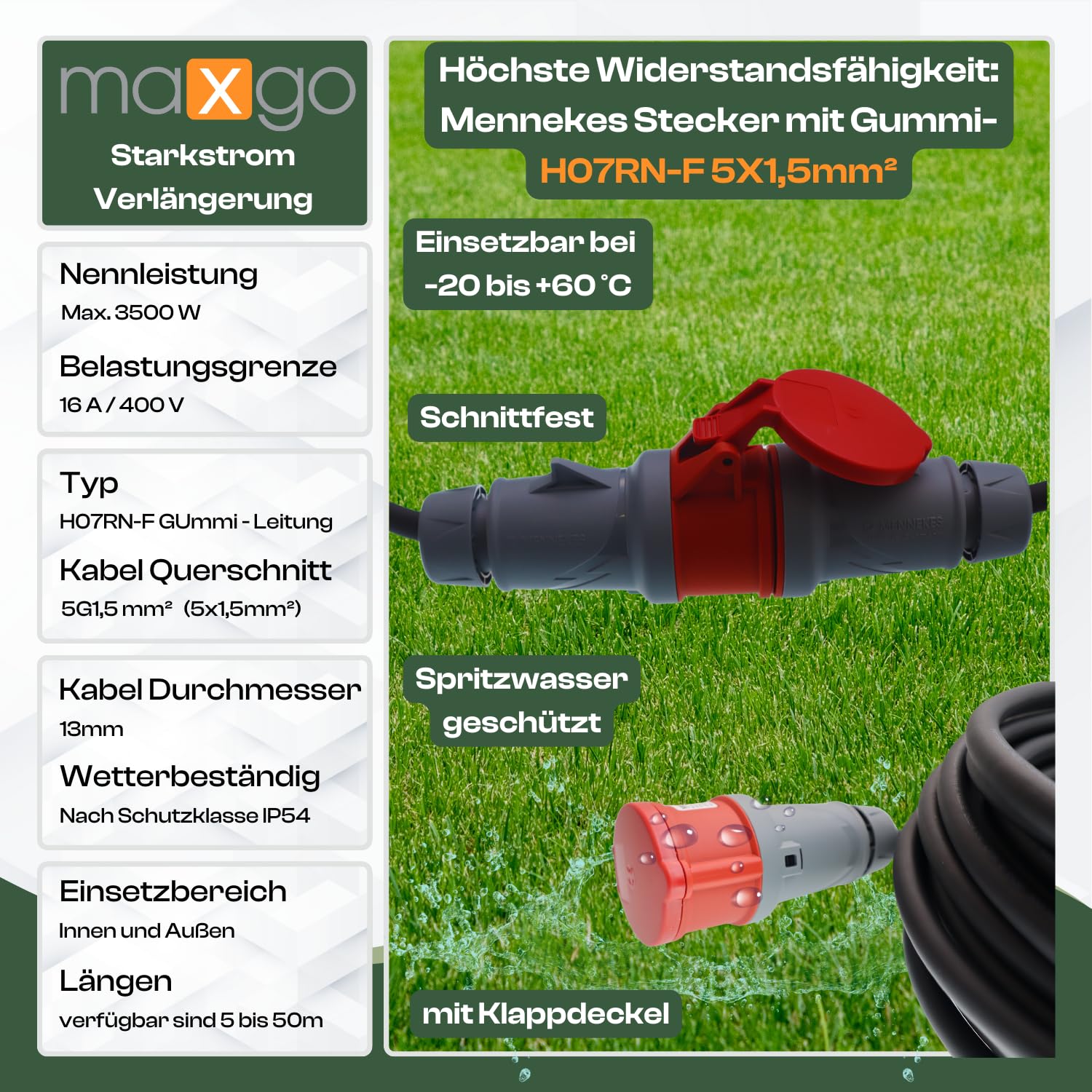 maxgo CEE Verlängerungskabel Starkstromkabel H07RN-F 5x1,5mm² 16A 400V Flexibles wetterfestes Industriekabel MENNEKES 5P Gummiverlängerung 15m