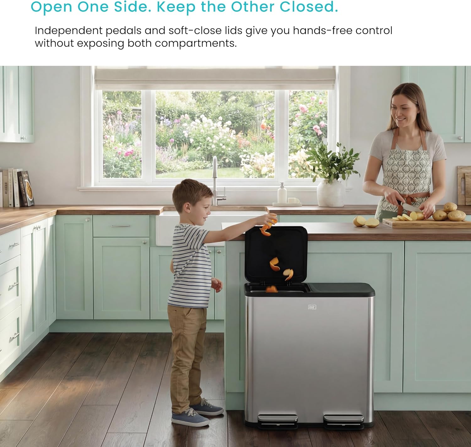 Home Zone Living 21 Gallon Large Dual Compartment Step Trash Can with Soft-Close Lids, Stainless Steel, Silver