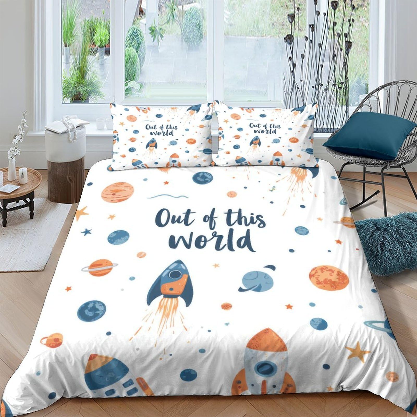 GPLZQXKJNH 3D Printed Rocket Planet Duvet Cover Set Microfiber Soft Breathable Space Universe Bedding with 2 Pillowcases for Bedroom Decor Single（135x200cm）