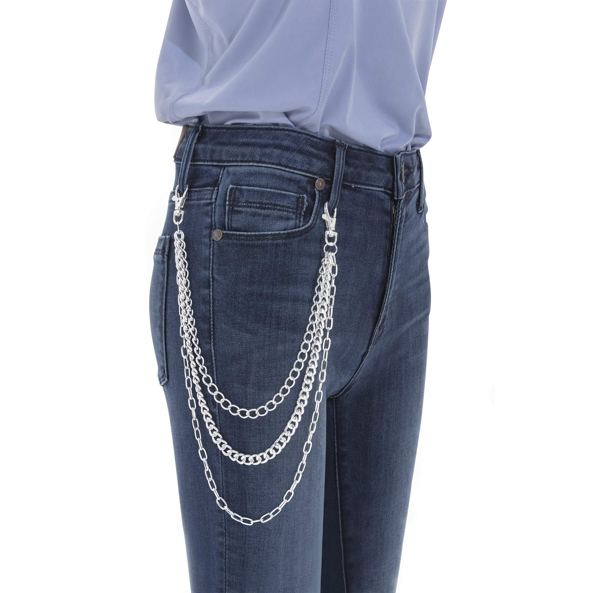 Fashion Jewllery4u Women's Silver Three Row Colour Jean Wallet Side Chain Belt Fashion Hip Hop Gothic Punk Trousers Chain Men 57Cm