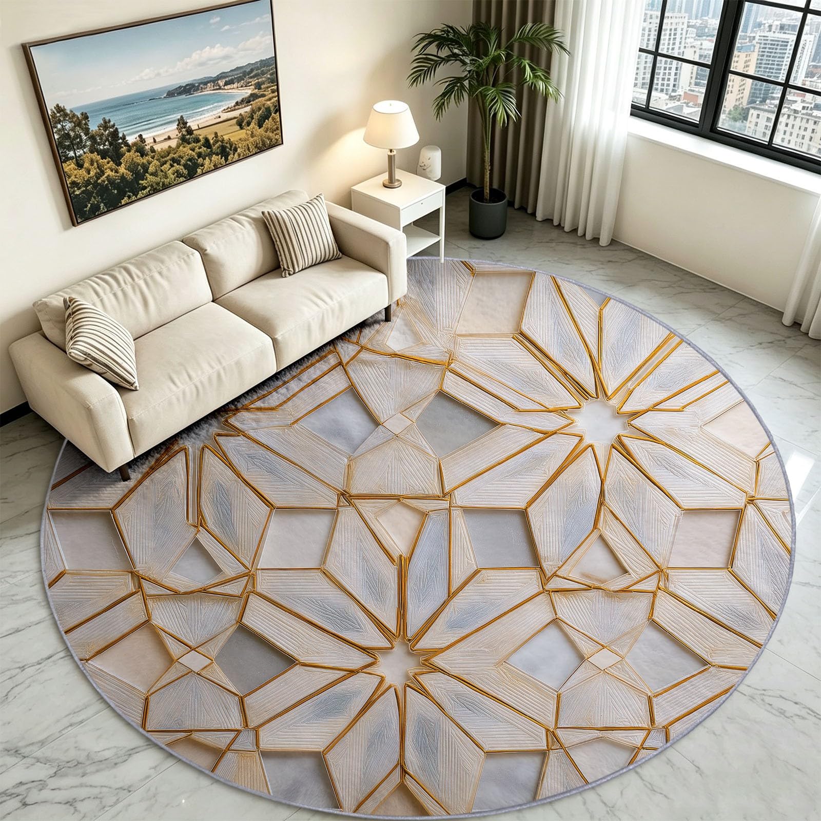 Tappeto rotondo lavabile, 60 cm / 2ft, moderno, leggero, di lusso, morbido, rotondo, stampato, geometria, a pelo corto, antiscivolo, per ingresso, soggiorno, camera da letto, accanto al divano e