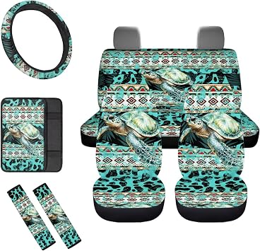 8 Pcs Teal Aztec Turtle Car Seat Covers Full Set for Women Girls with Steering Wheel Cover, Armrest Belts Covers Accessories for SUV Truck