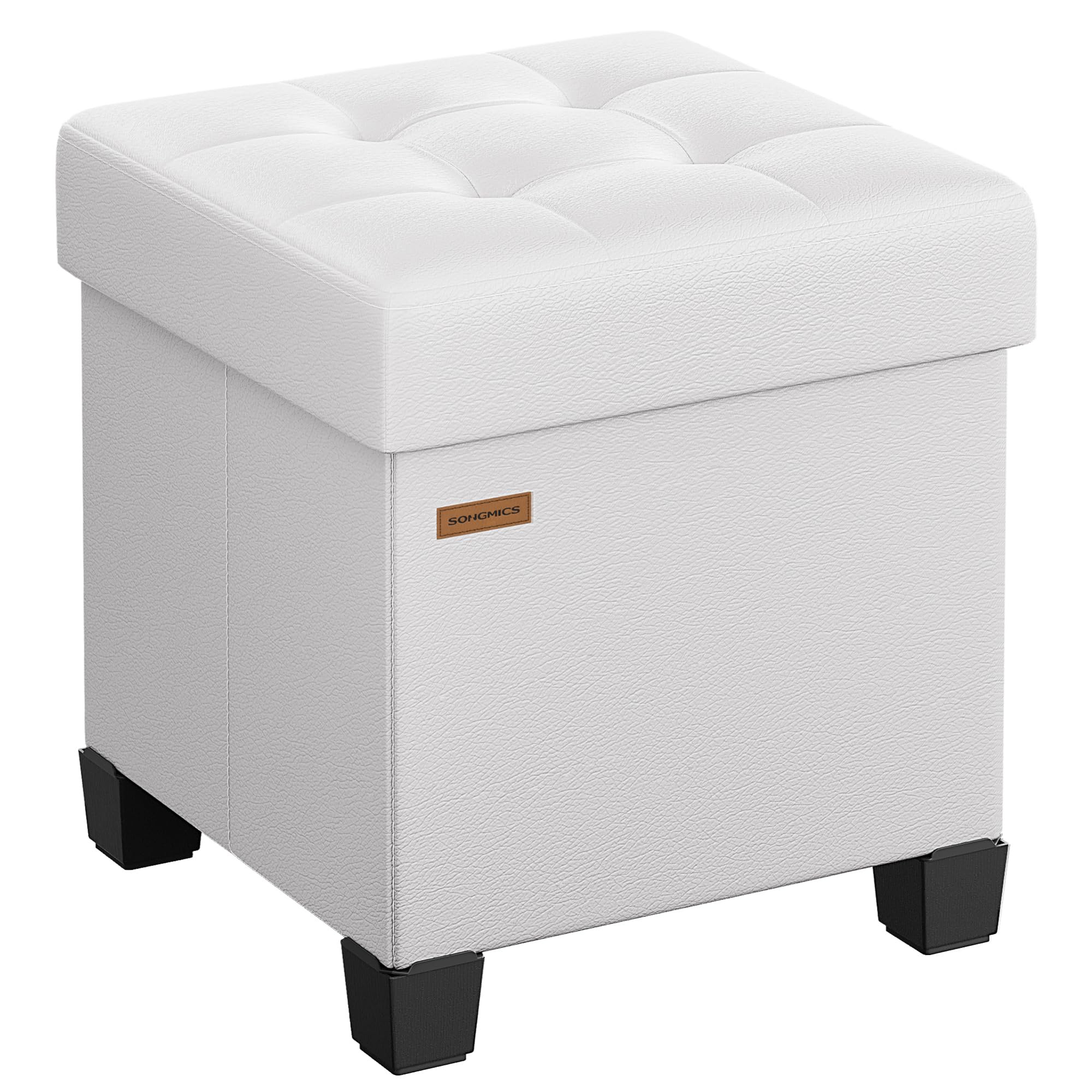 SONGMICS Puff Almacenaje, Banco Plagable con Patas, 38 x 38 x 40 cm, Reposapiés, 37 L, PVC, para el Dormitorio, Sala de Estar, Blanco Nube LSF0512W02