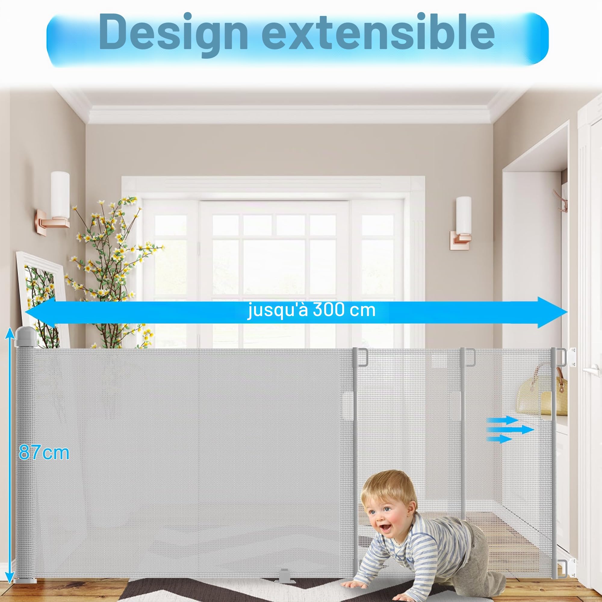 YRHome Barrière de protection, extensible, de 0 à 300 cm, pour bébé et animaux domestiques, pour escaliers, portes, intérieur et extérieur, grise, 300cm Grau