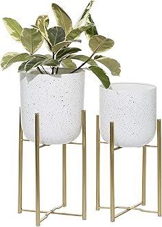 Deco 79Metal Indoor Outdoor Planter Deep Dome Speckled Large Planter Pot with Gold Stands, Set of 2 Planters 22", 19"H, White