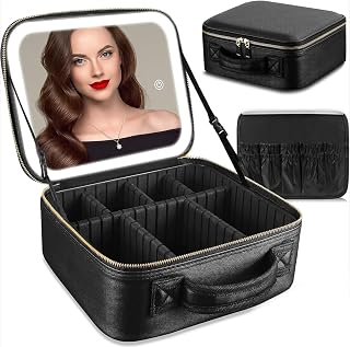 Makeup Bag with LED Mirror, 3 Adjustable Brightness Makeup Bag with Mirror and Dividers Suitable for Travel, Jewelry, Essential Oil,Toiletries Storage and Makeup Daily (Black)
