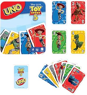 Mattel Games UNO Disney Pixar Toy Story 5 Juego de Cartas con baraja Inspirada en la película para Noches en Familia, Fiestas, Viajes y acampadas, Caja de Metal, 2 a 10 Jugadores, +7 años, JLX06