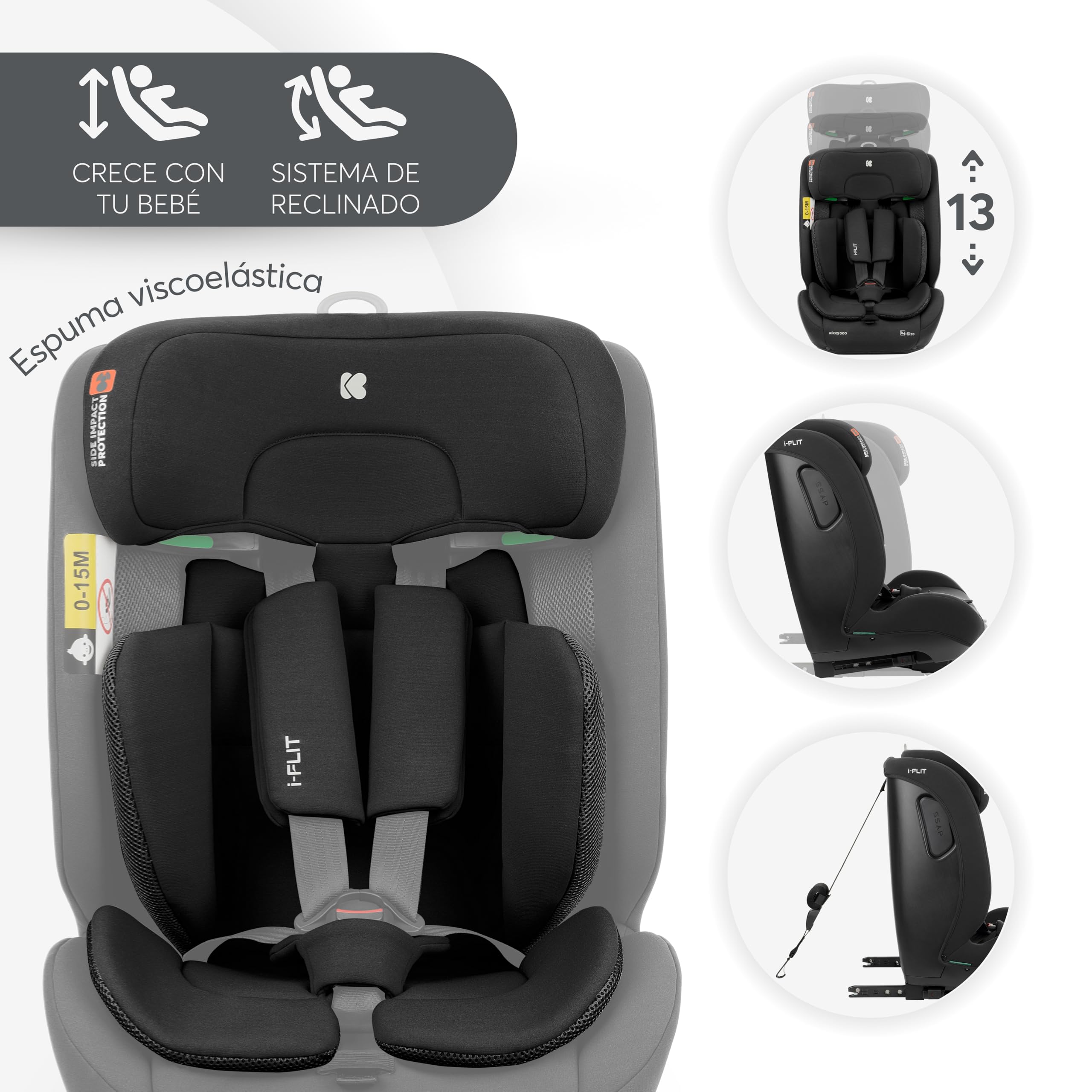 KikkaBoo Silla de Coche Bebe ISOFIX Grupo 1 2 3 (9-36 kg) i-FLIT, de 15 Meses a 12 Años, Seguridad SPS, Reposacabezas Ajustable, Top Tether, 12 Posiciones Reposacabezas, Negro — view 4