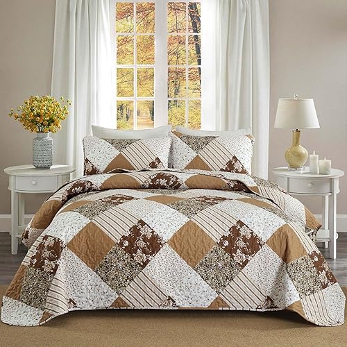 Miniatura 10 de Juego de edredón de 3 piezas, tamaño Queen, color rosa, floral, a cuadros, reversible, juego de ropa de cama de microfibra suave y ligera para todas