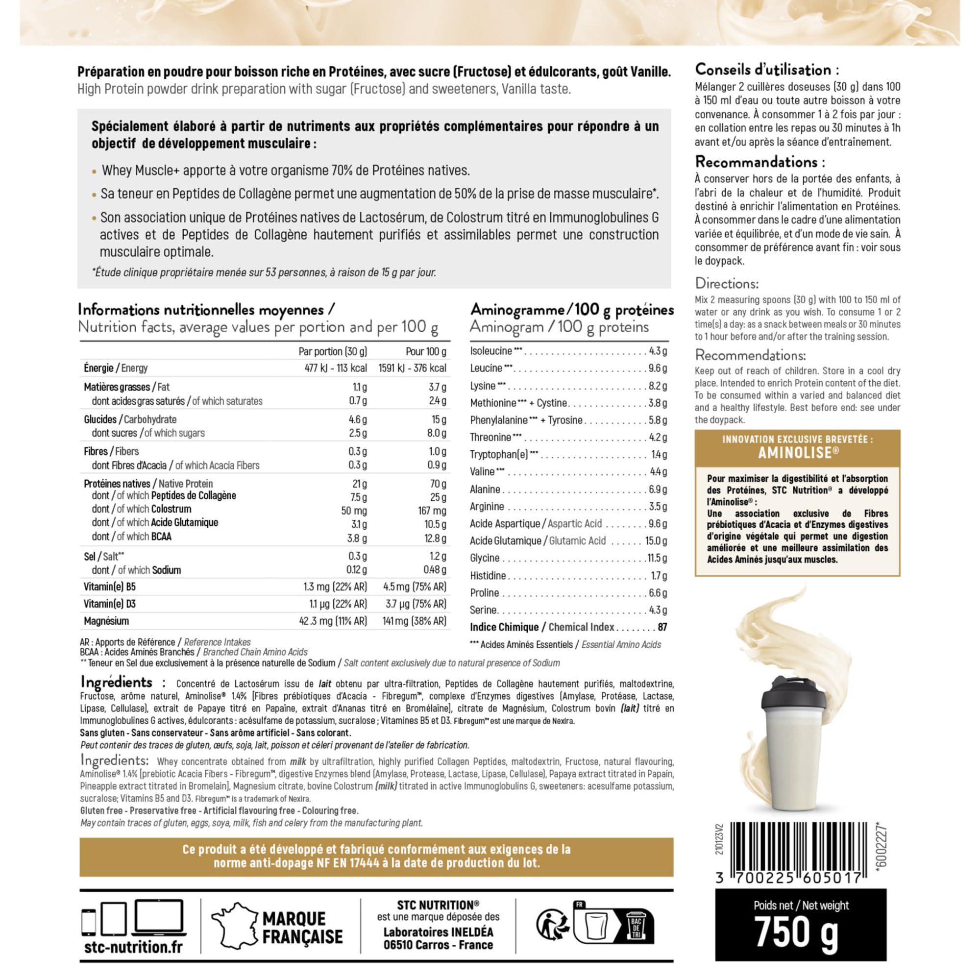 STC NUTRITION - Whey Muscle+ - Protéines Natives - Développement Muscle Sec - Innovation Brevetée Aminolise 100% Digeste - Sans Colorants, Sans Gluten - 25 Shakers - Doypack 750g - Vanille