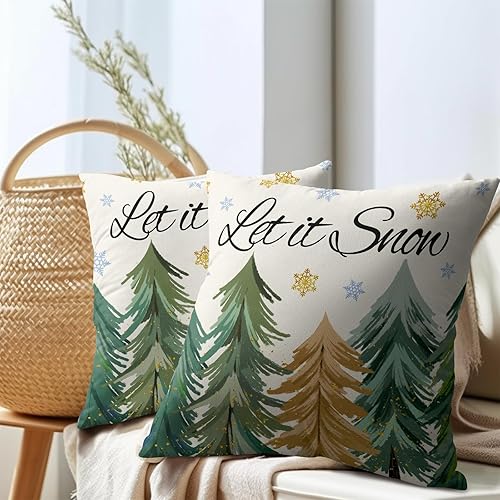 Miniatura 7 de Juego de 2 fundas de almohada de árbol de Navidad de 18 x 18 pulgadas, fundas de almohada de invierno Let it Snow, diseño de copos de nieve, funda
