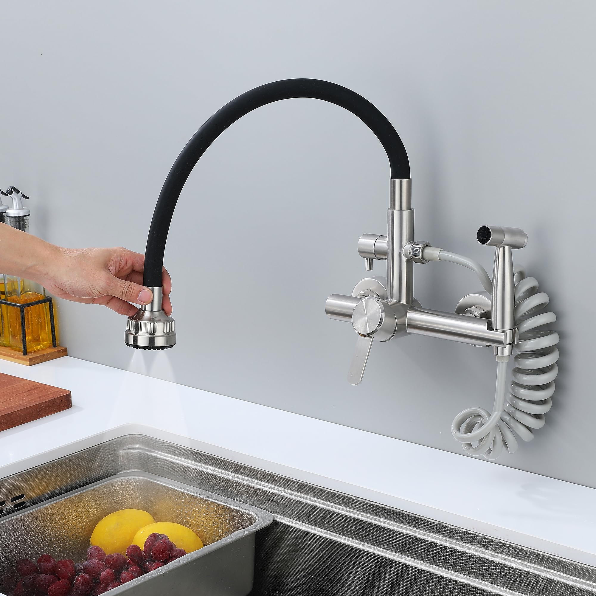 Grifo Cocina Pared Con Ducha, Grifo Pared Lavadero, 4 Modos De Pulverización De Agua, Grifo De Cocina Acero Inoxidable Cepillado