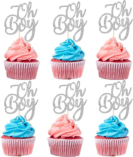 Rsstarxi Paquete de 24 adornos para cupcakes Oh Boy con purpurina Oh Baby Boy para decoración de pasteles de baby shower, tema de revelación de