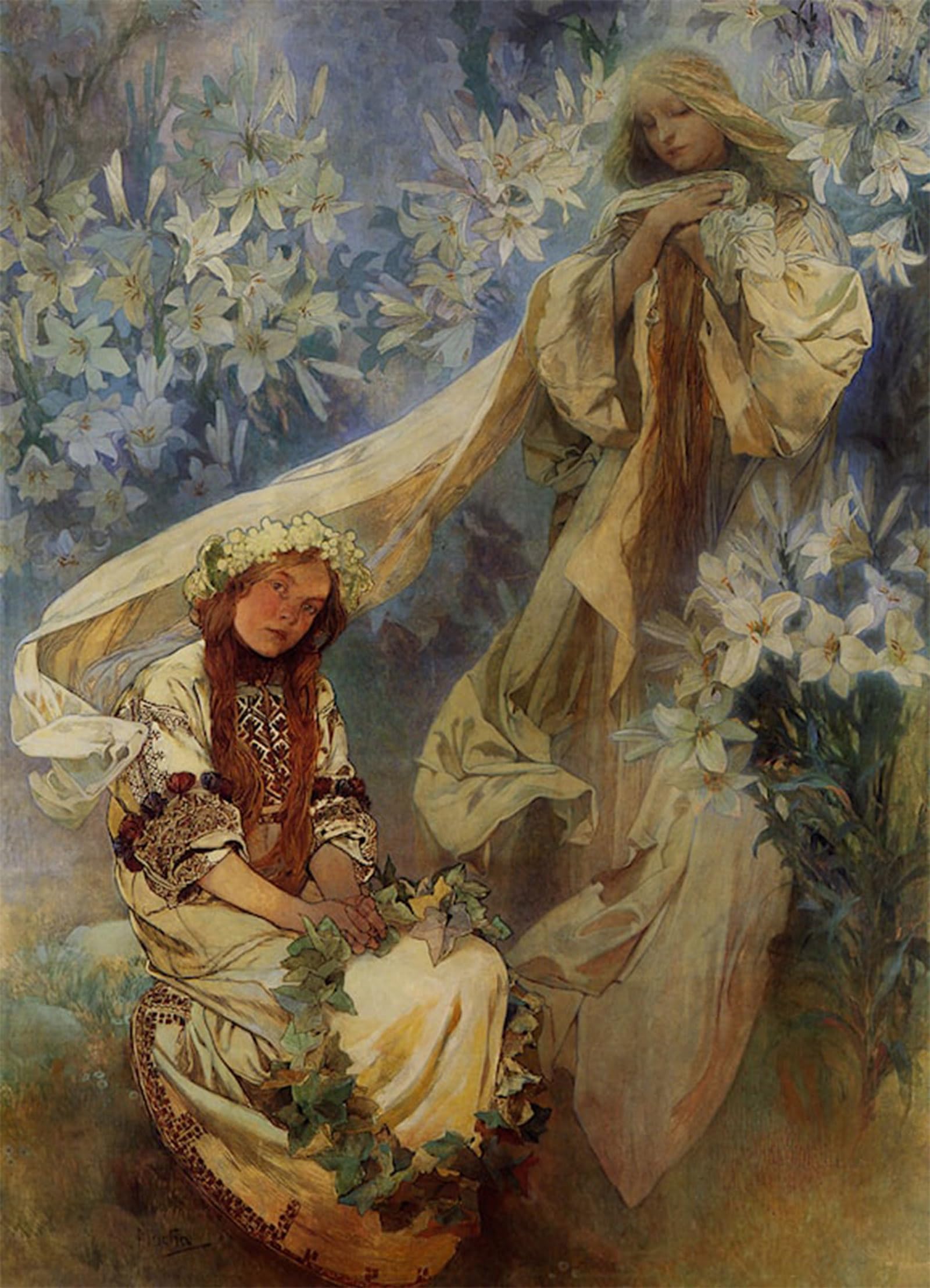 ARTXLXXBN Famous Painting Art Wall Decor Abstract Art Picture Lady of the Lilies by Alphonse Maria Mucha Animal Pictures for Home Decor 60x90cm