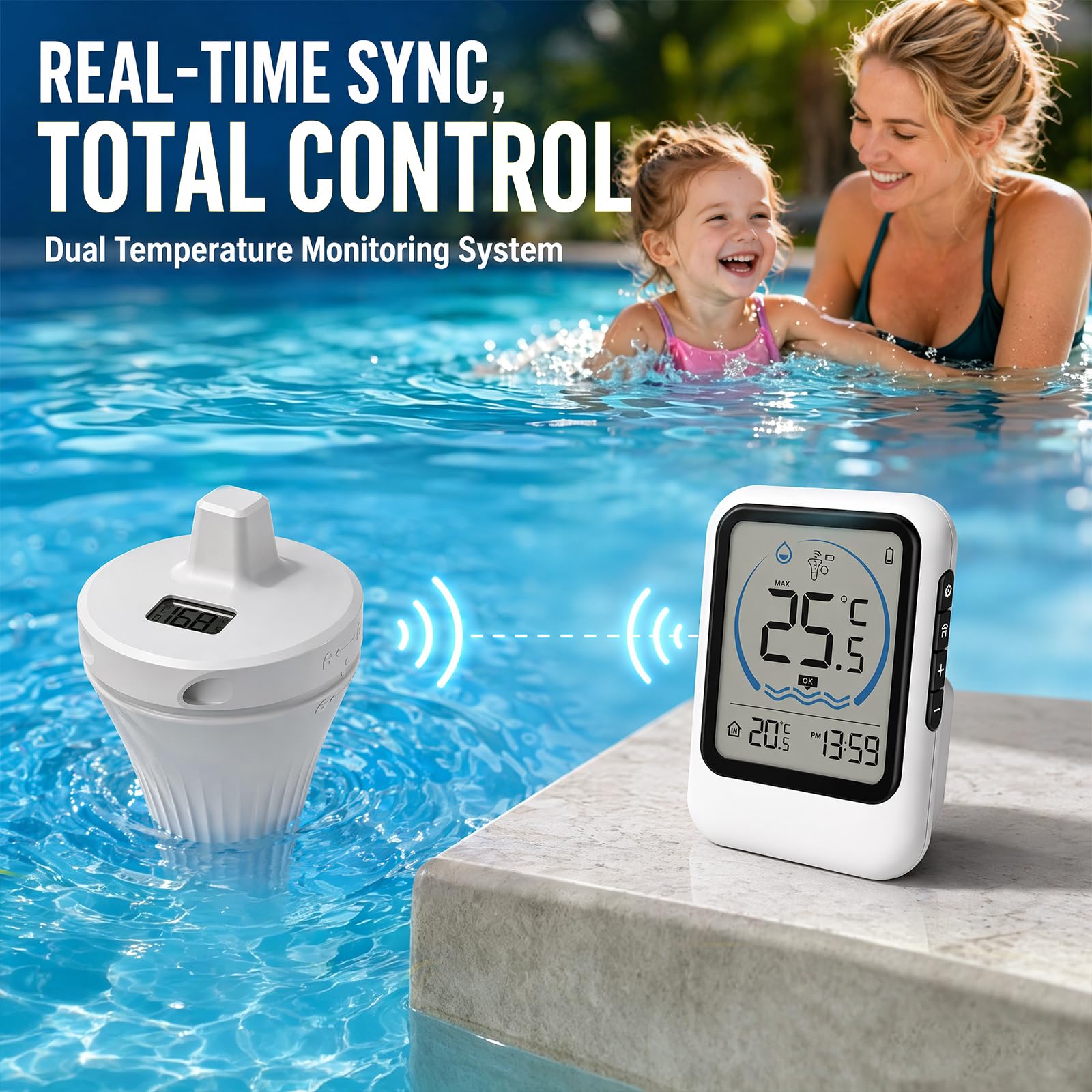 Termometro da piscina senza fili, IP68, impermeabile con display LCD, termometro digitale per piscina, vasca da bagno, acquario, laghetto