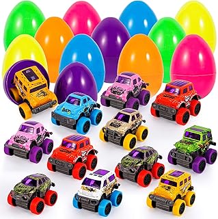 12PACK Easter Eggs PreFilled with Alloy Pull Back Cars for 3-6 Year Old Boys, Pullback Monster Vehicles Toys for Easter Party Favors, Easter Basket Stuffers, Easter Egg Fillers, Easter Eggs Hunt.