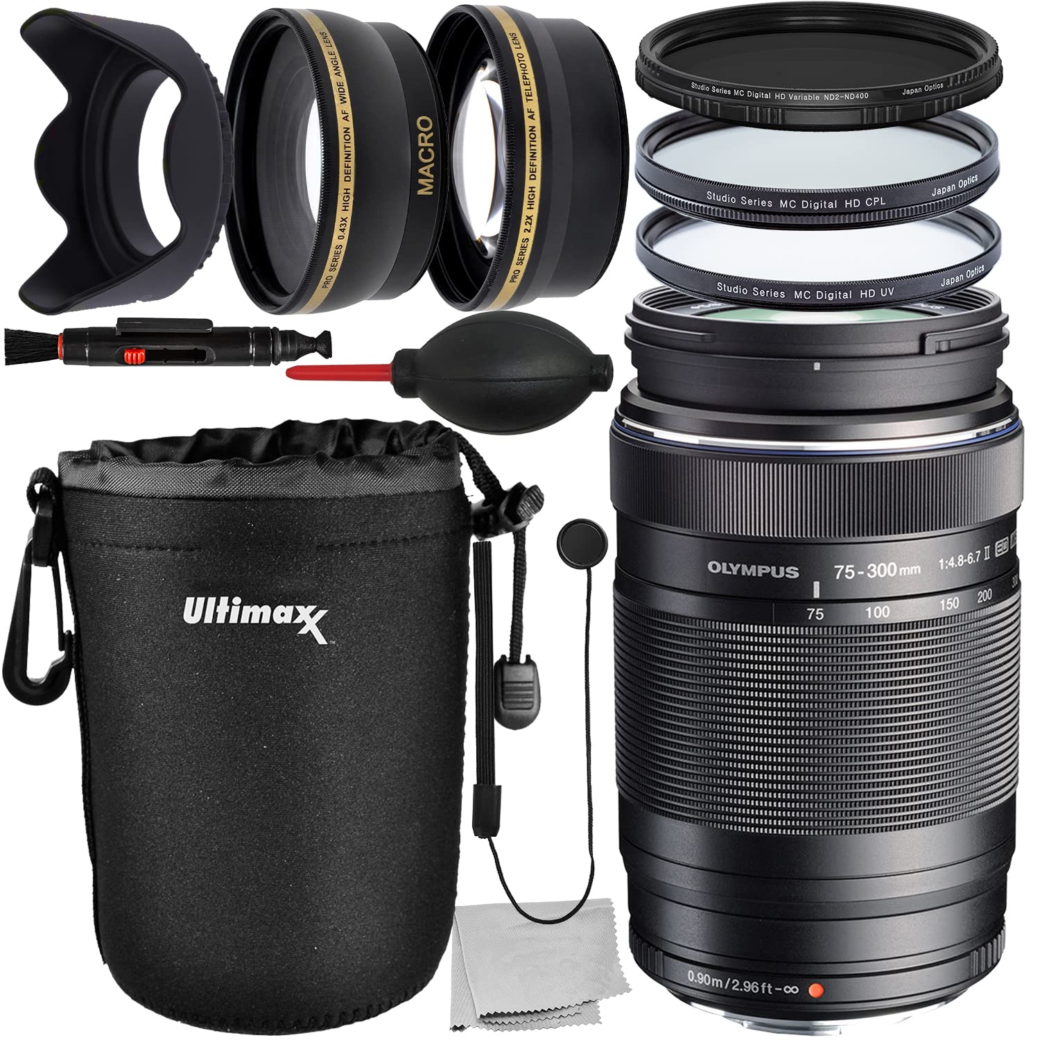 Olympus M.Zuiko Digital ED 75-300mm f/4.8-6.7 II Lens + Variable Neutral Density Filter (ND2-ND400), Multi-Coated Digital HD UV & CPL Filters,