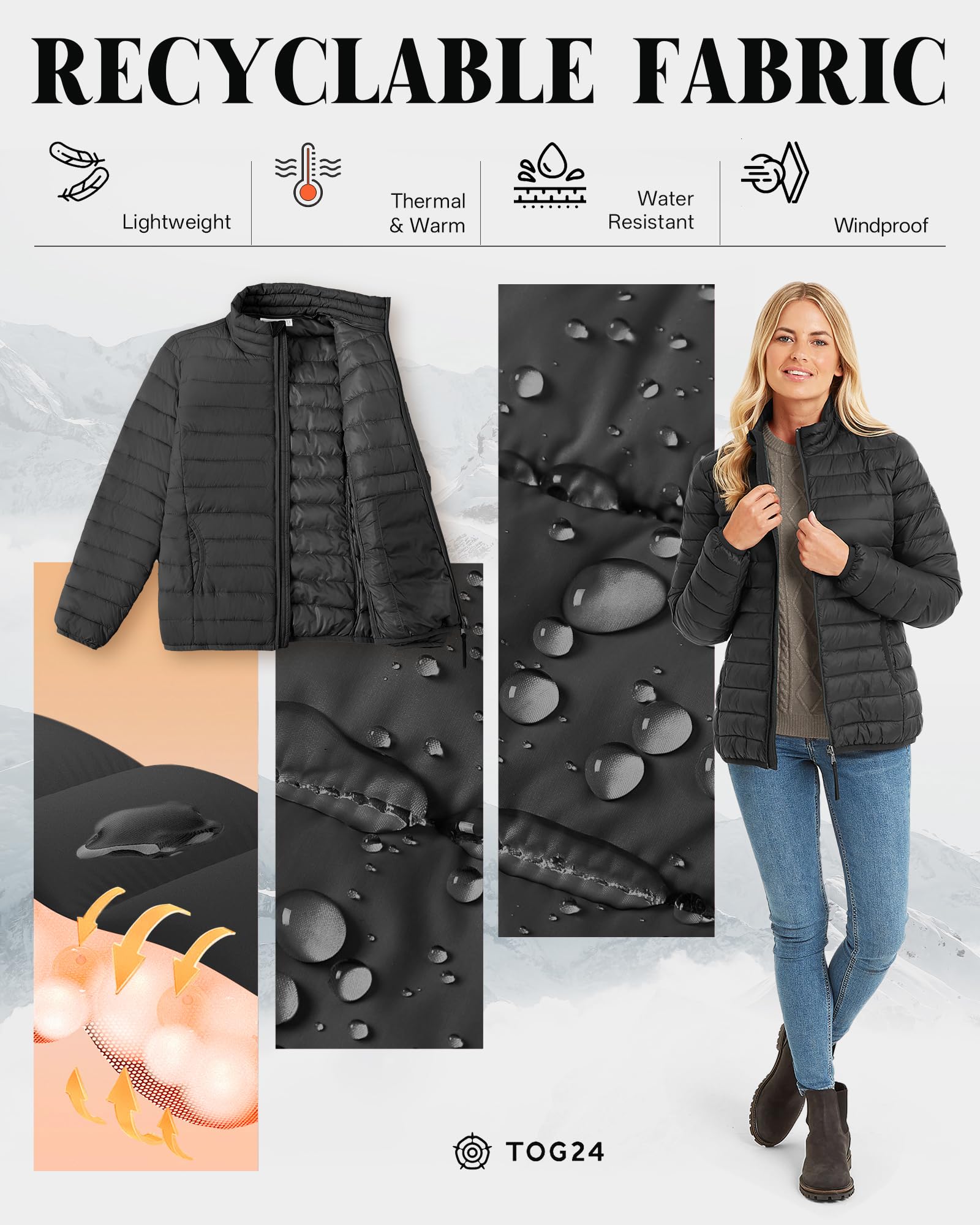 TOG24 Gibson - Piumino da donna, leggero, trapuntato, caldo, invernale, imbottito, per attività all'aperto, viaggi, escursioni, Nero , 44