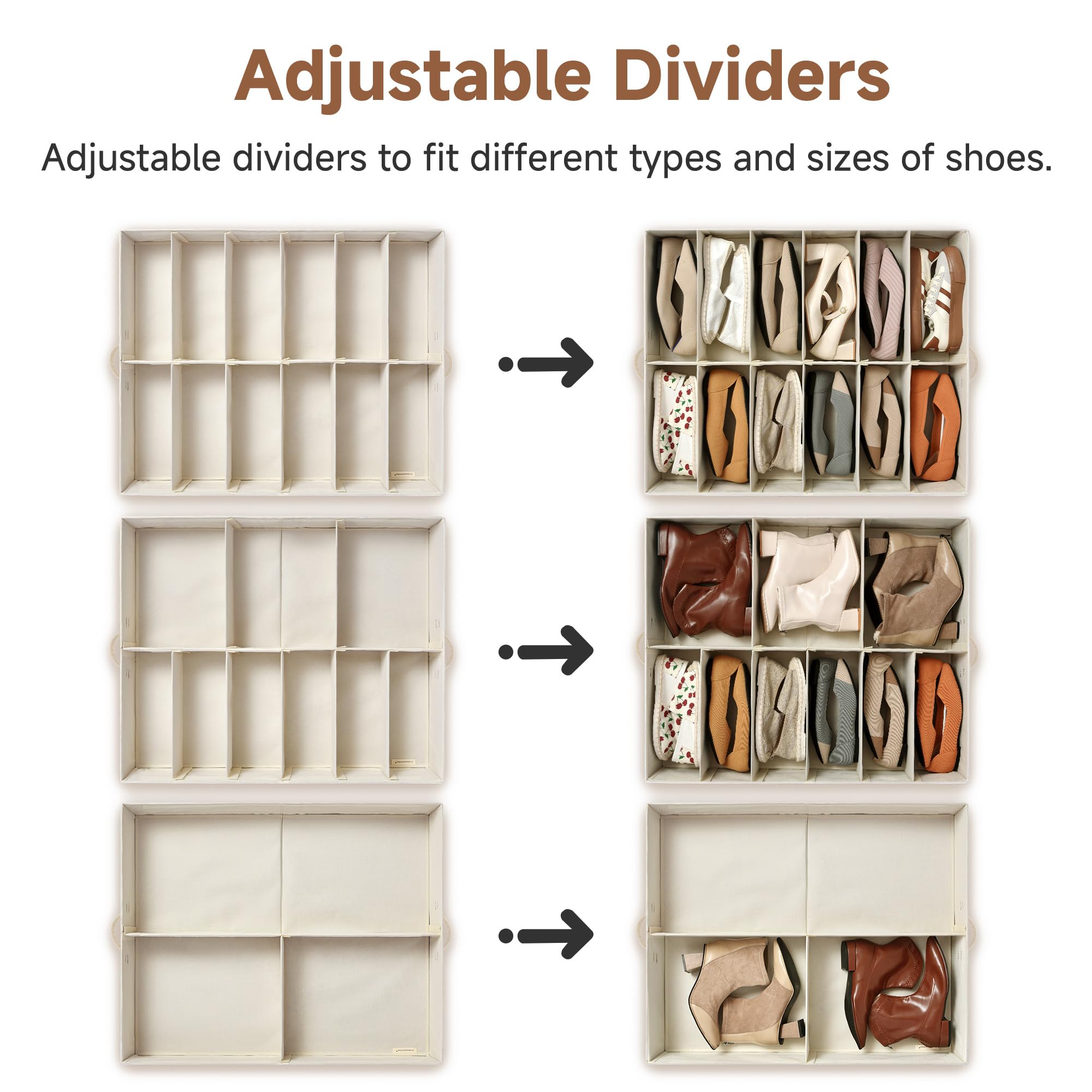 StorageWorks Organizer per scarpe per armadio, può contenere fino a 24 paia, confezione da 2 contenitori per scarpe in tessuto ultra spesso sotto il letto, con supporto inferiore e divisori regolabili