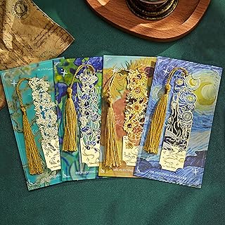 ゴッホしおり ブックマーク【4本セット】 栞セット おしゃれ 華やか エレガント感 アート 金 中空トリム 紐付き 学生 教師 読書 絵画 ブックページマーカー用 文房具 誕生日プレゼント バレンタインデーギフト