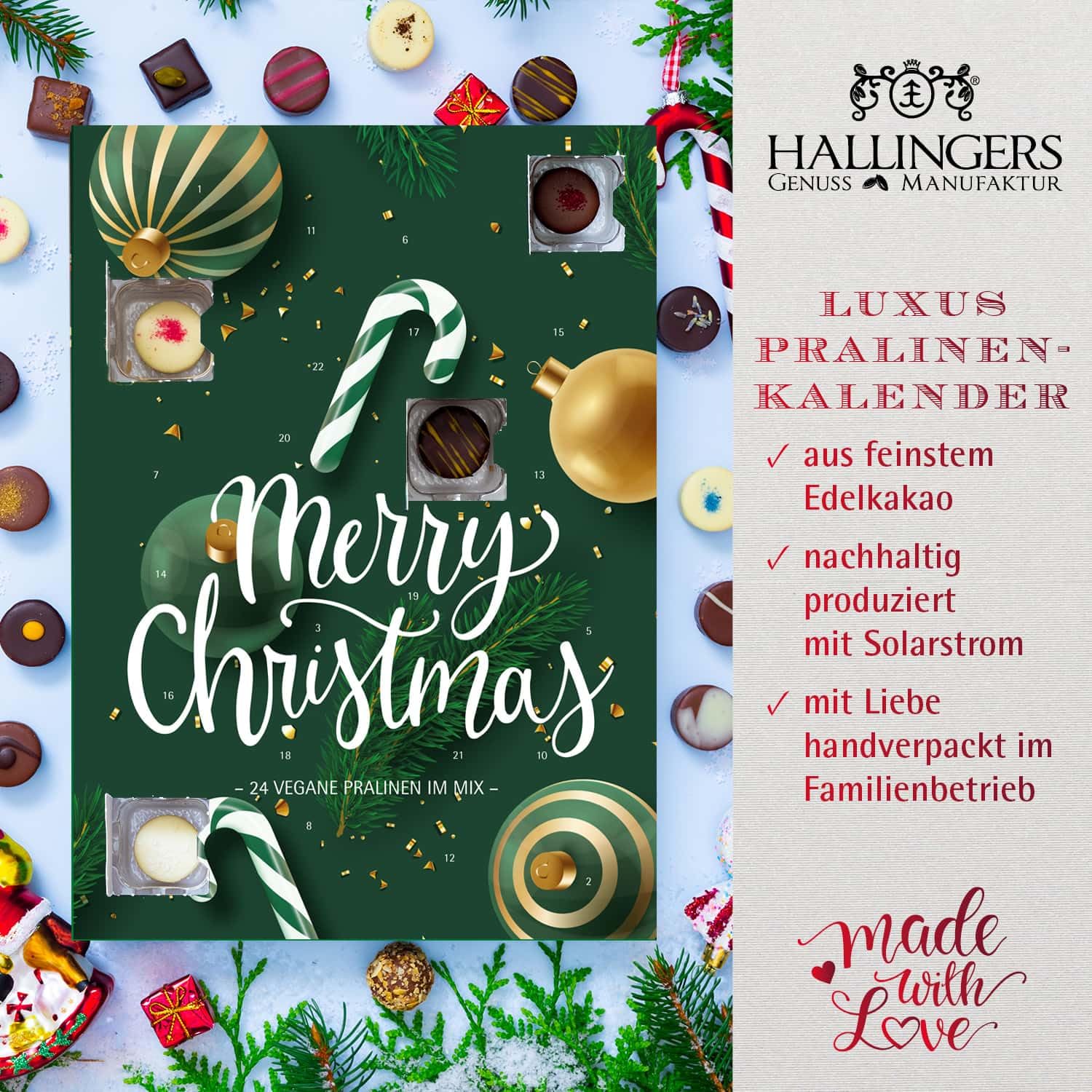 Hallingers Genuss Manufaktur Vegane Pralinen Adventskalender - mit & ohne Alkohol, handmade aus Confiserie-Edelkakao in wertigem Softfeel-Karton "Merry Christmas...", Weihnachtskalender für Frauen