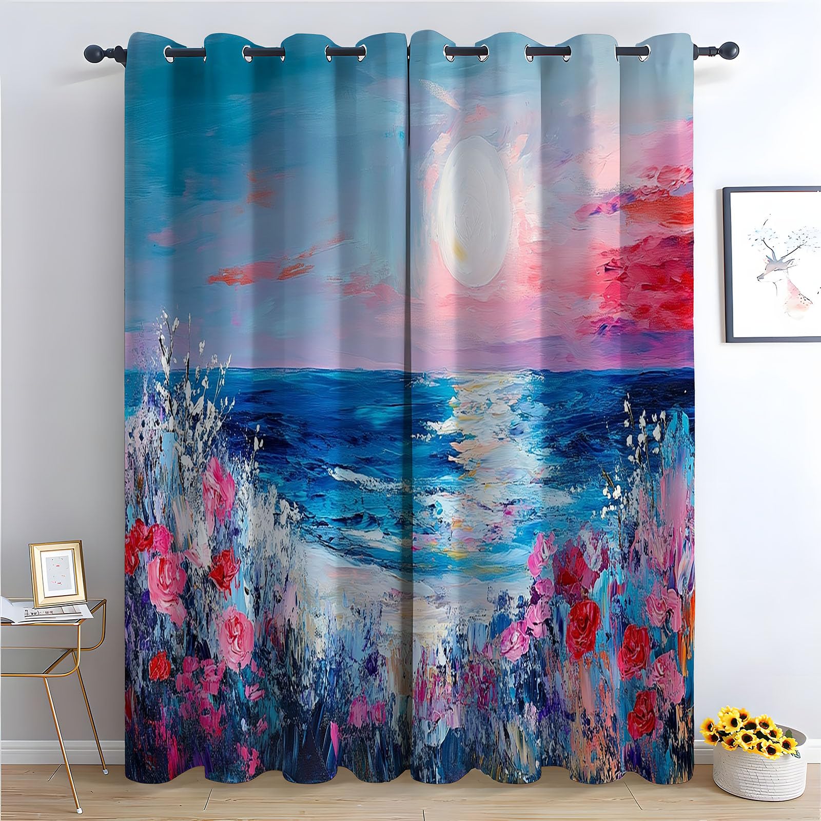 WQBQKKX Plant Pattern Curtains Ocean Printed Room Darkening Curtain for Bedroom, Privacy Eyelet Thermal Insulated Curtains for Living Room-52 W x 96" L (Pack of 2)