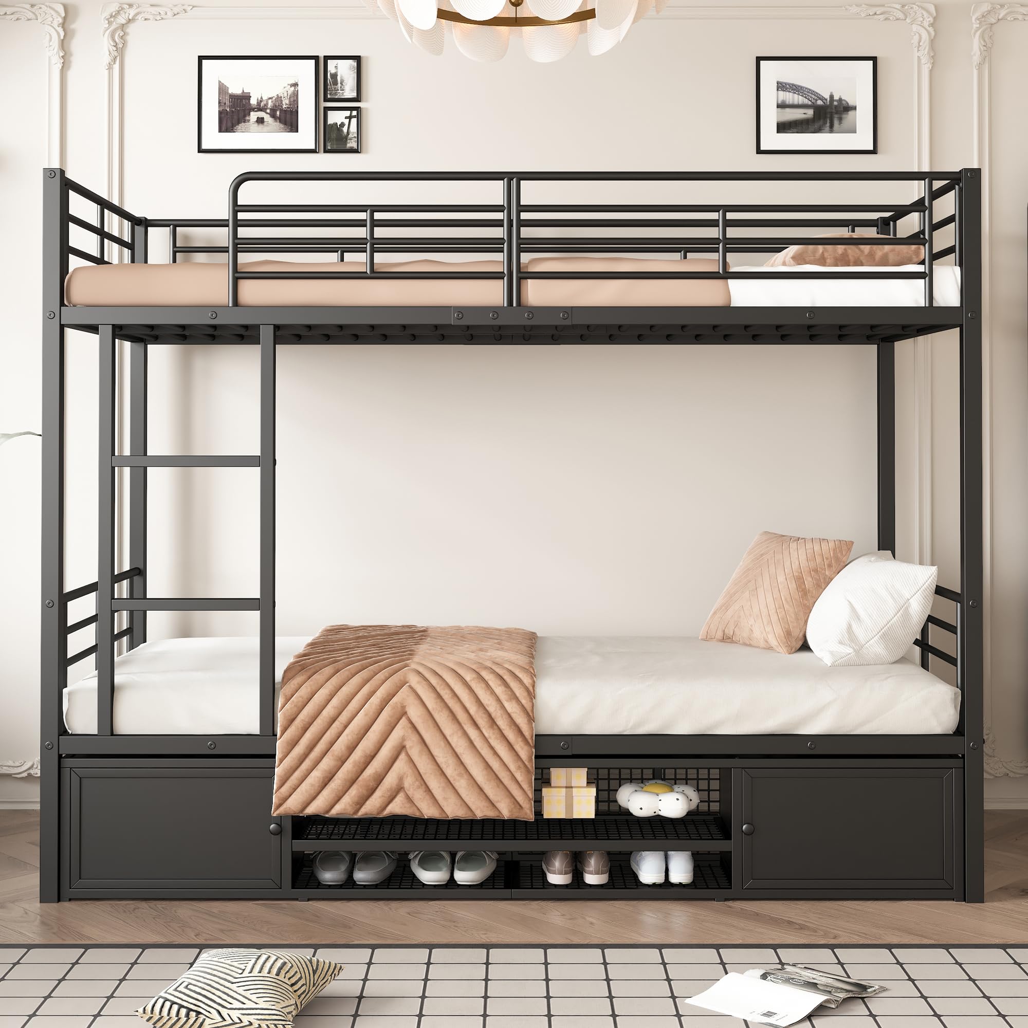 Cama con marco de hierro, litera, negro, 90 x 200 cm, zapatero abierto, armario de almacenamiento de doble puerta, con escalera lateral, rejilla protectora, sin colchón